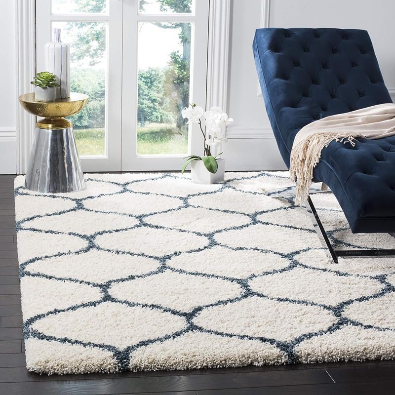 Image of A R Creations Rectangular Cotton Rug 1.5 Inch High Pile Soft Floor Mat Modern Handwoven Carpet for Living Room Bedroom & Home Decoration Size 5X8 Feet Ivory Blue mandir