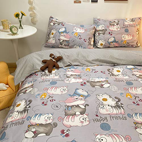 Cat Duvet Cover Queen, 100% Cotton 3Pcs Cat Bedding Set for Boys Girls, Super Cute Animal Kawaii Cartoon Cat Fish Reversible Striped Print on Purple, with Zipper Ties, 4 Corner Ties (NO Comforter)