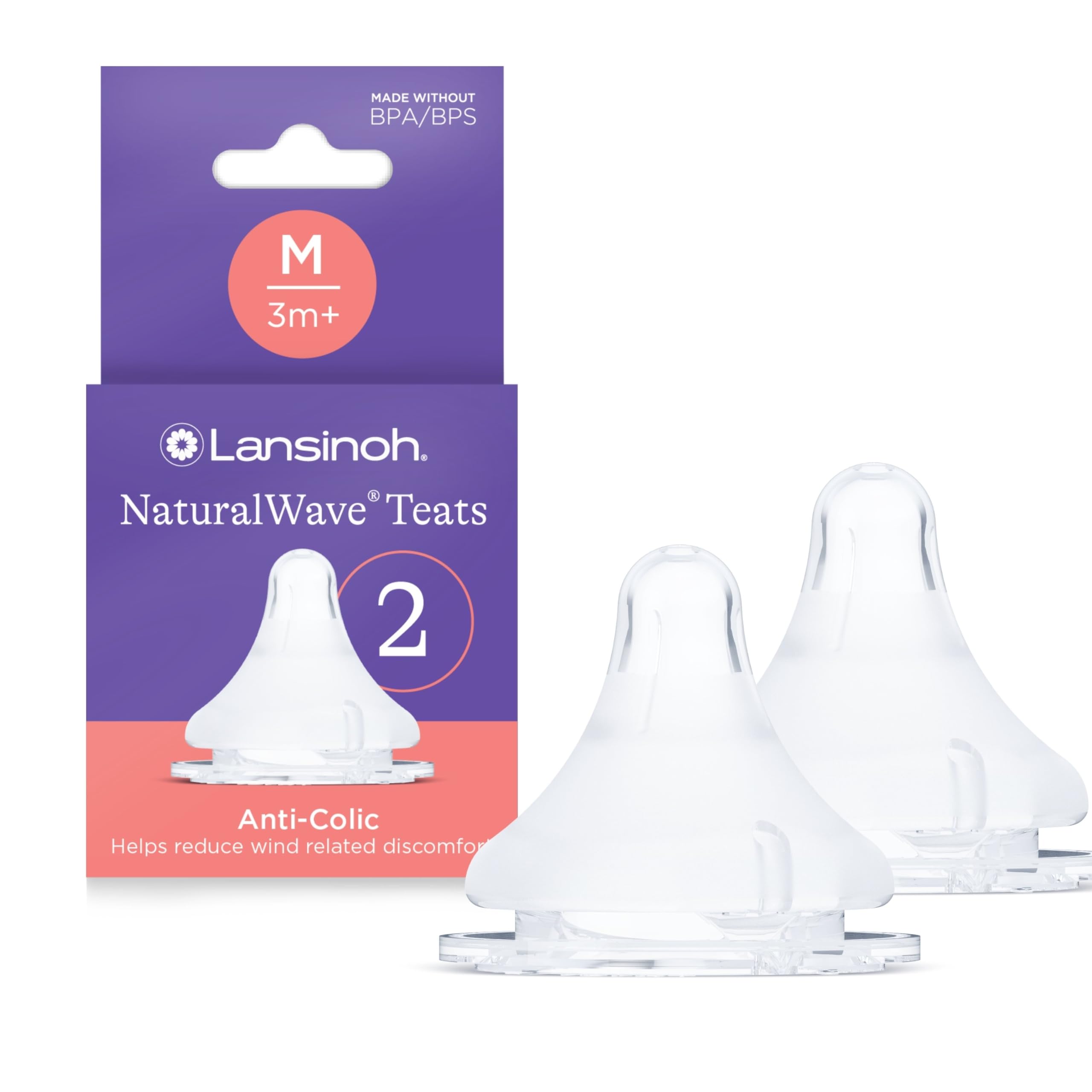 Lansinoh NaturalWave Baby Bottle Teats - Anti-Colic Air Vent - BPA & BPS-Free - Clinically Proven to Reduce Nipple Confusion - Compatible with Lansinoh Bottles (2 Pack, Slow Flow)