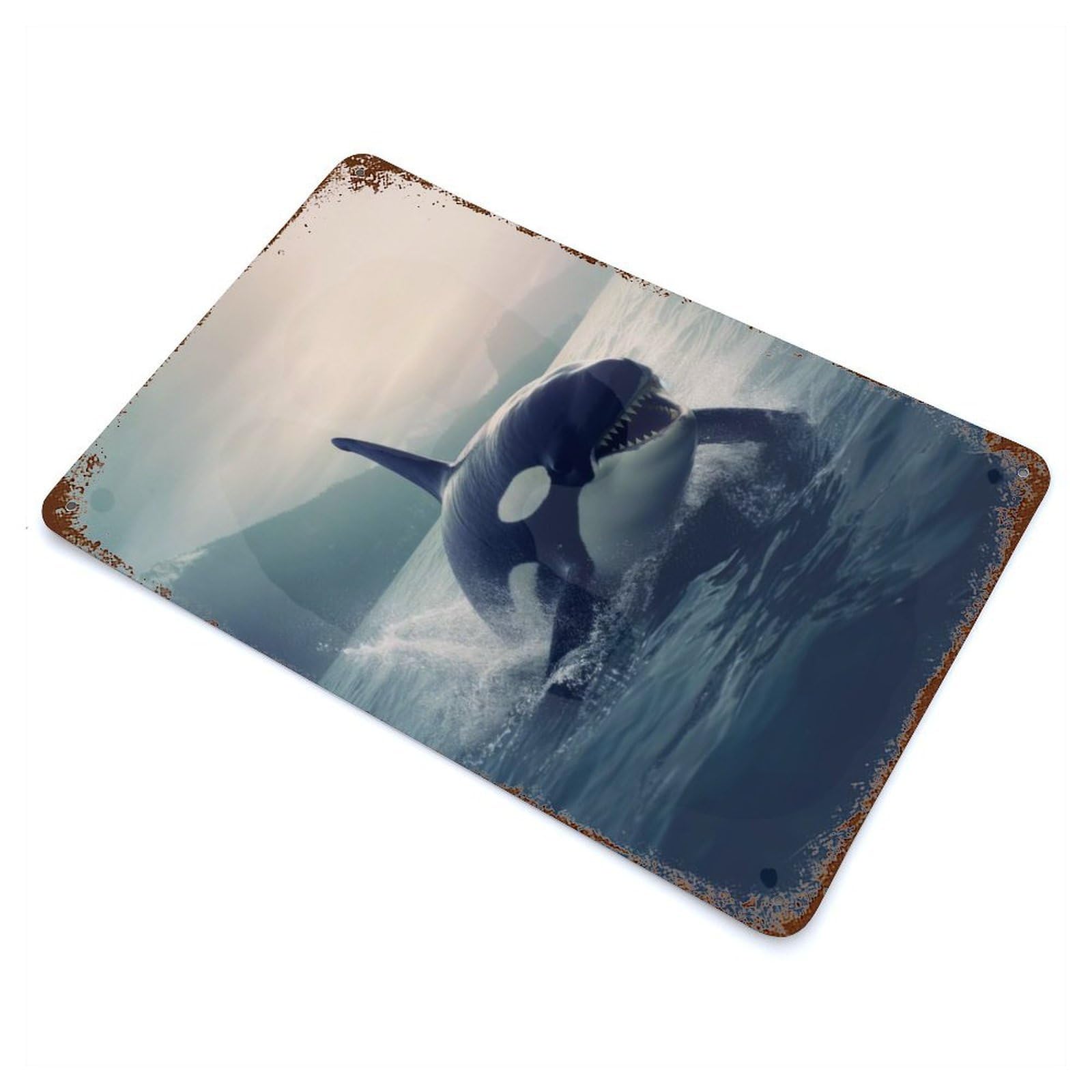 Aged Metal Wall Plaque with Orca 1 Design 11.8"x7.9", for Basement, Hobby Room And Garage Decor, Classic Wall Plaque