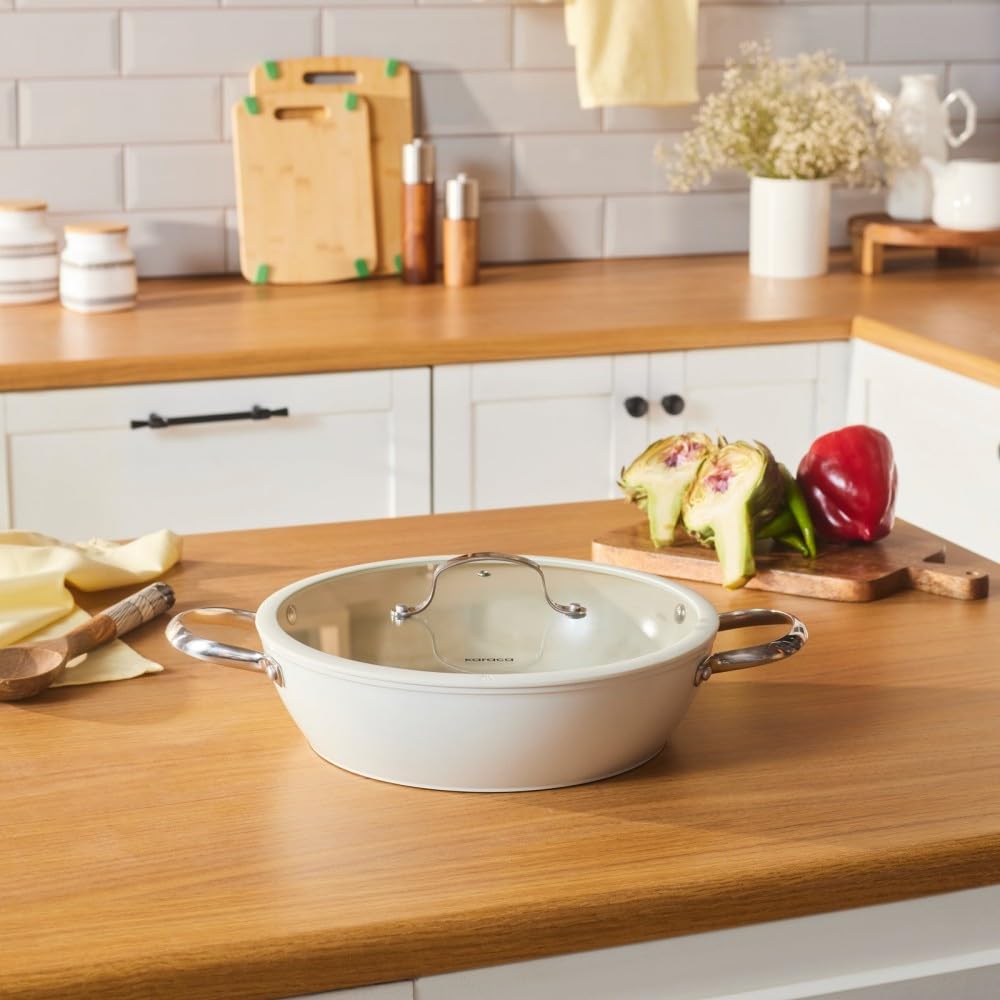Karaca Cream Swiss Crystal Almond 30 Cm Shallow Casserole With Stainless Steel Handle – Non-Stick, Durable, Versatile Pot For Stews, Soups, And Everyday Cooking