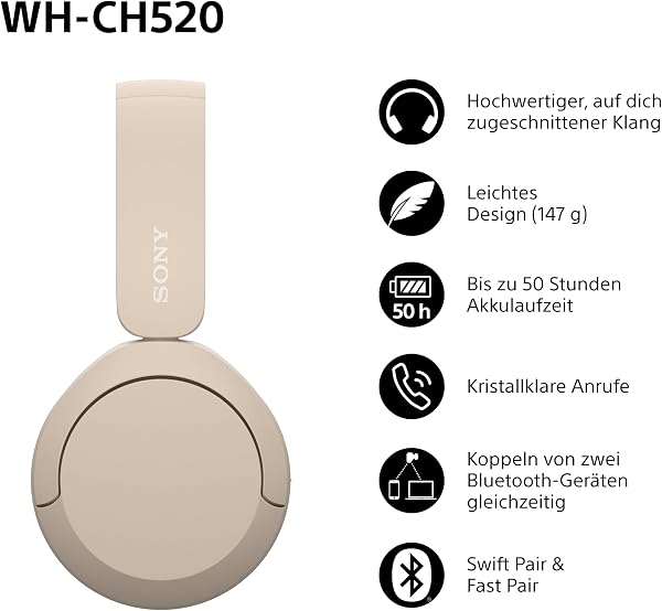 Sony WH-CH520 Wireless Bluetooth On-Ear Headphones, High Sound Quality, Lightweight Design, Up to 50 Hours Battery Life, Fast Charge, EQ, Clear Talk Quality, iOS & Android - Beige - 1