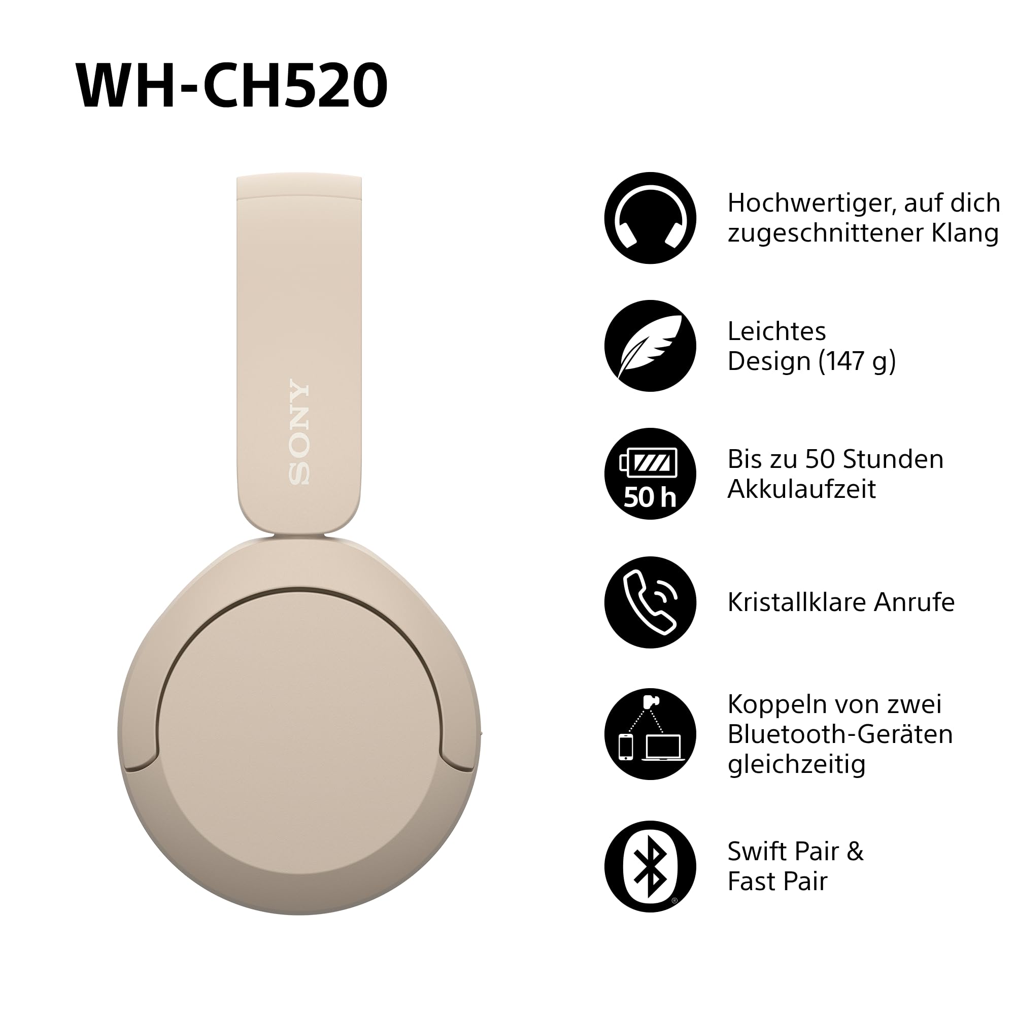 Sony WH-CH520 Wireless Bluetooth On-Ear Headphones, High Sound Quality, Lightweight Design, Up to 50 Hours Battery Life, Fast Charge, EQ, Clear Talk Quality, iOS & Android - Beige