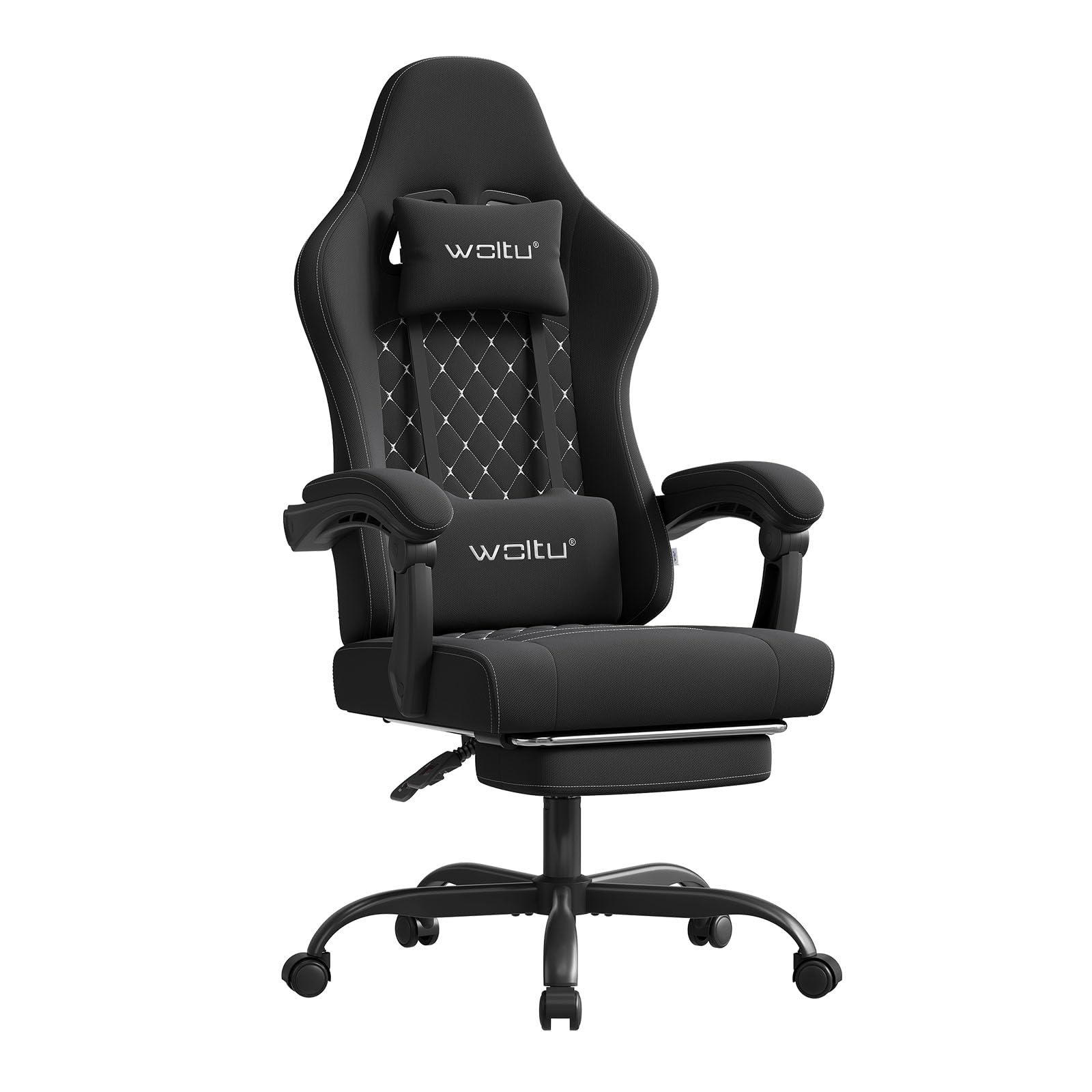 WOLTU Silla Gaming Ergonómica, Silla Oficina con Soporte Lumbar Masaje y Reposapiés Extraible, Silla Giratoria con Gran Asiento de Muelle, Capacidad de 150 kg, Tela de Malla, Negro+Blanco Global Recycled Standard Global Recycled Standard Global Recycled Standard