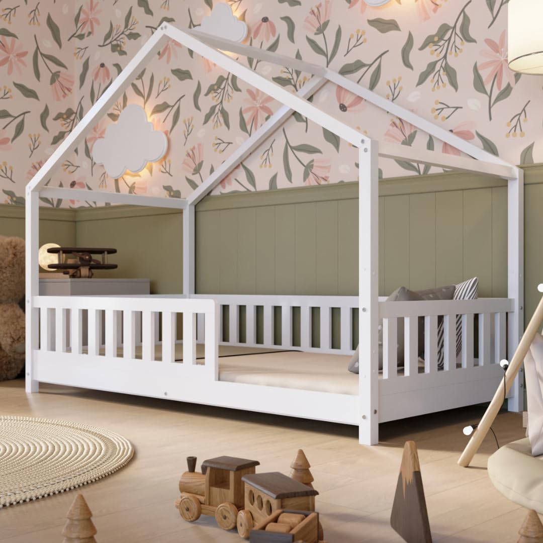 Letto Montessori Casetta 190x100cm - Legno Naturale, Con Barriera E Piedini Regolabili - Foto 7