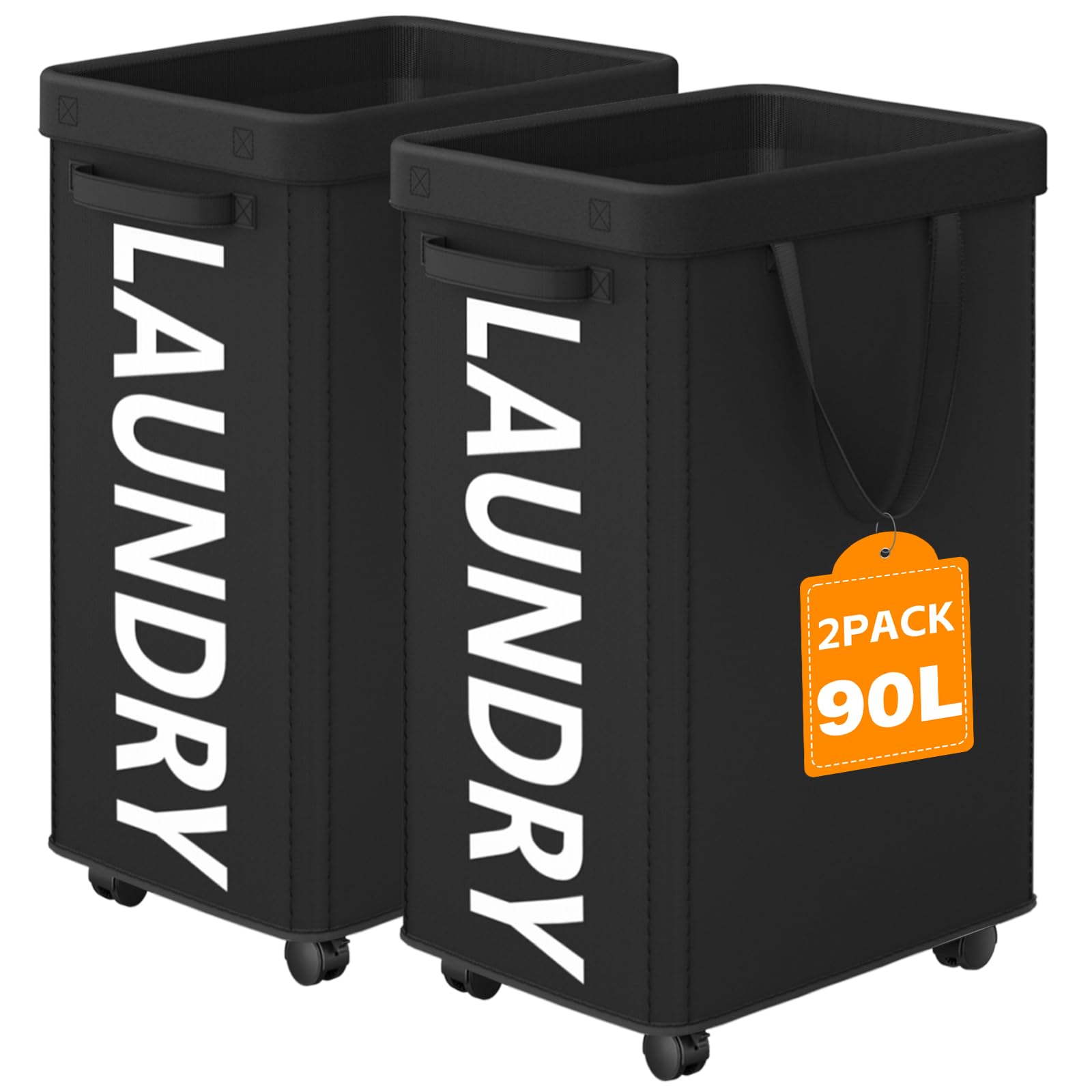 Optish 2 Pack Laundry Basket with Wheels, 90L Rolling Laundry Hamper with Wheels, Large Clothes Hamper on Wheel with Removable Mesh Bag for Bedroom, Dorm, Black