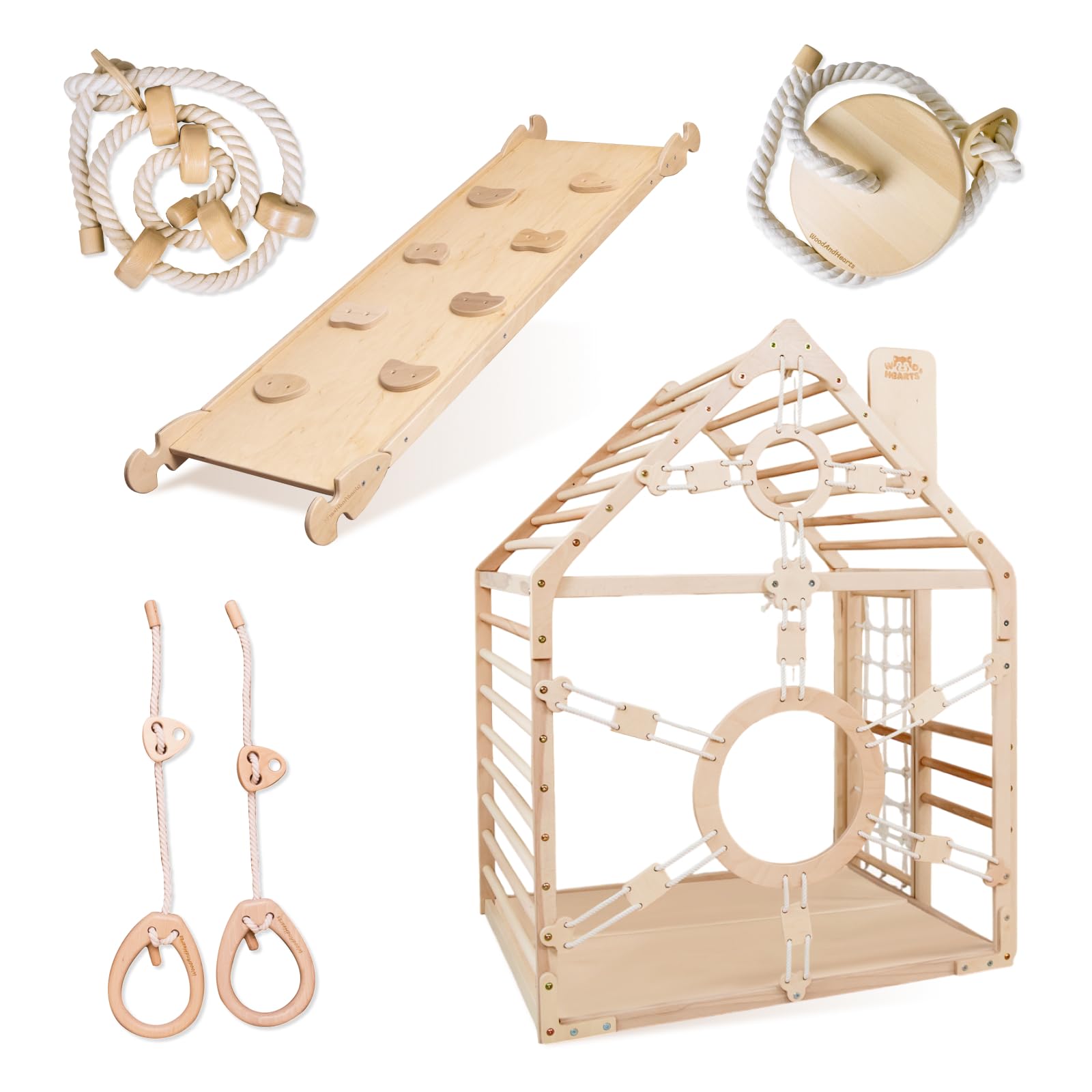 WoodandHearts Indoor Spielturm mit Rutsche & Schaukel – Kinderrutsche, Turnringe & Kletterseil – Baby Schaukel Indoor – Kletterwand Kinderzimmer & Spielhaus für Zuhause