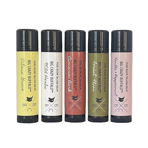 Big Crazy Buffalo Pure Bison - Juego de bálsamo labial de sarga (paquete de 5) - Hidratante, no forma hábito, alivia los labios agrietados,