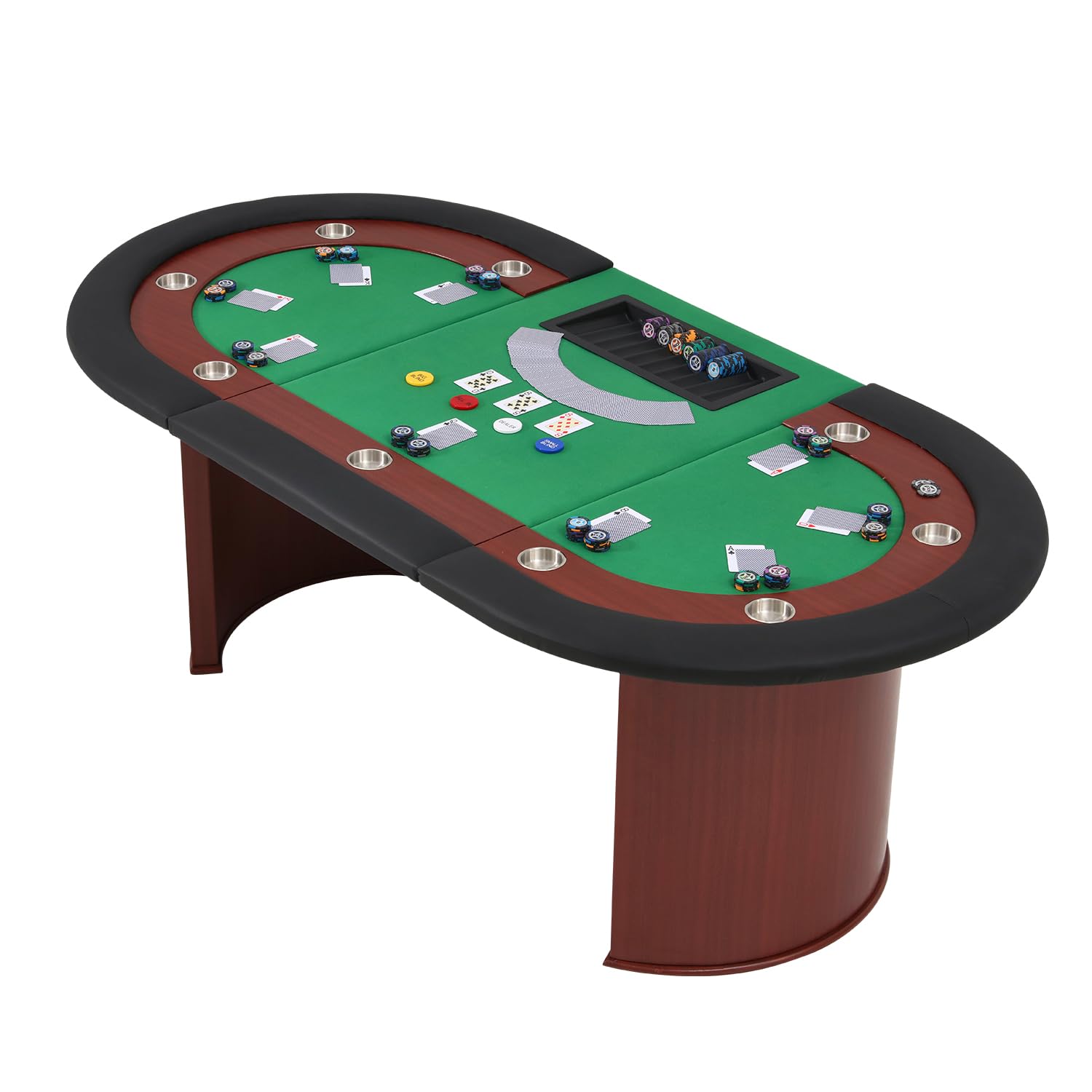 AVAWING Pokertisch für 10 Spieler, 9 Getränkehalter, abnehmbare Chipablage, gepolsterte Armauflage, Braun & Grün