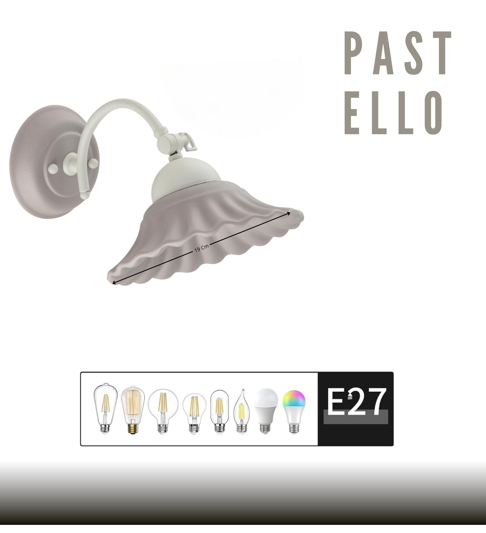 VANNI LAMPADARI- Applique da Parete Interno Pastello- Lampada da Parete con Braccio Orientabile in Ceramica Decorata a Mano - Applique Camera da Letto - Applique Bagno - Cucina – Soggiorno, Grigio