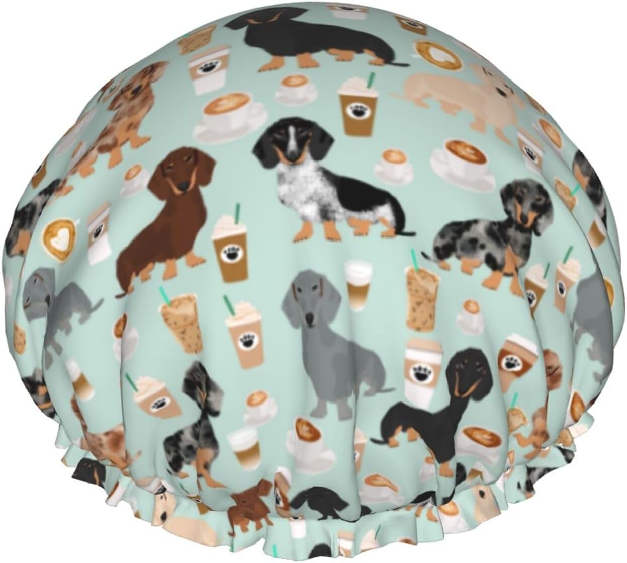 Cute Mint Dachshunds And Coffee,Shower Cap Nightcap Double Layer Waterproof Elastic Bath Cap Reusable Hair Cap