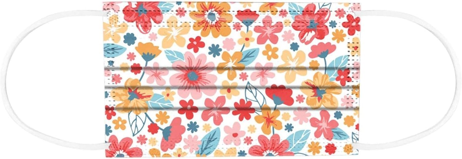 BOFFO 50 Pack Spring flowers Face_Masks with 3 Layer Face Filter with Elastic Earloop, Breathable with Floral Print for Adult (Multicoloredh)