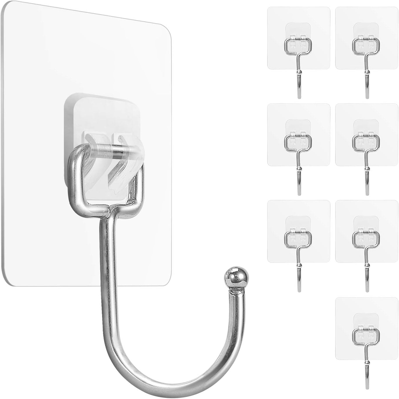 Large Adhesive Hooks 22Ib(Max), Waterproof and Rustproof Wall Hooks for Hanging Heavy Duty, Stainless Steel Towel and Coats Hooks to use Inside Kitchen, Bathroom, Home and Office, 8Pack