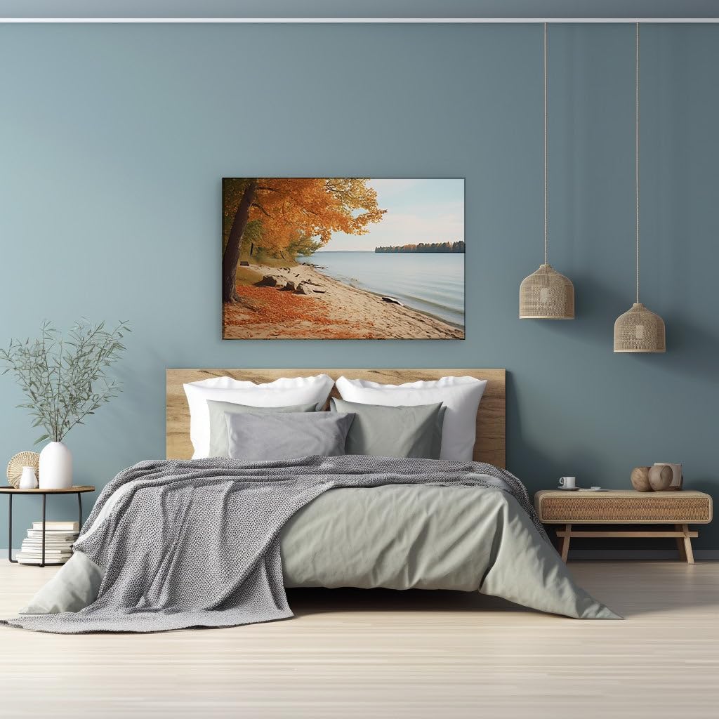 Canvas for Living room. Autumn Serenity by the Lakeside: A Tapestry of Vivid Fall Hues and Calming Blue Waters, 27 x 18 inch Canvas Wall Art - Contemporary Masterpieces - Modern Home Decor