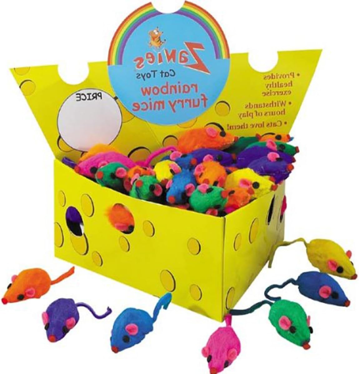 Box of 60 Zanies Real Fur Rattling Rainbow Mice in Cheese Box