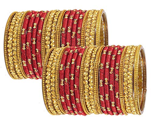 Image of NMII Silk thread Glass Bangle Set for Women (FF70-Red-2.6, Red, 2.6 Inch, 40 Bangles set)