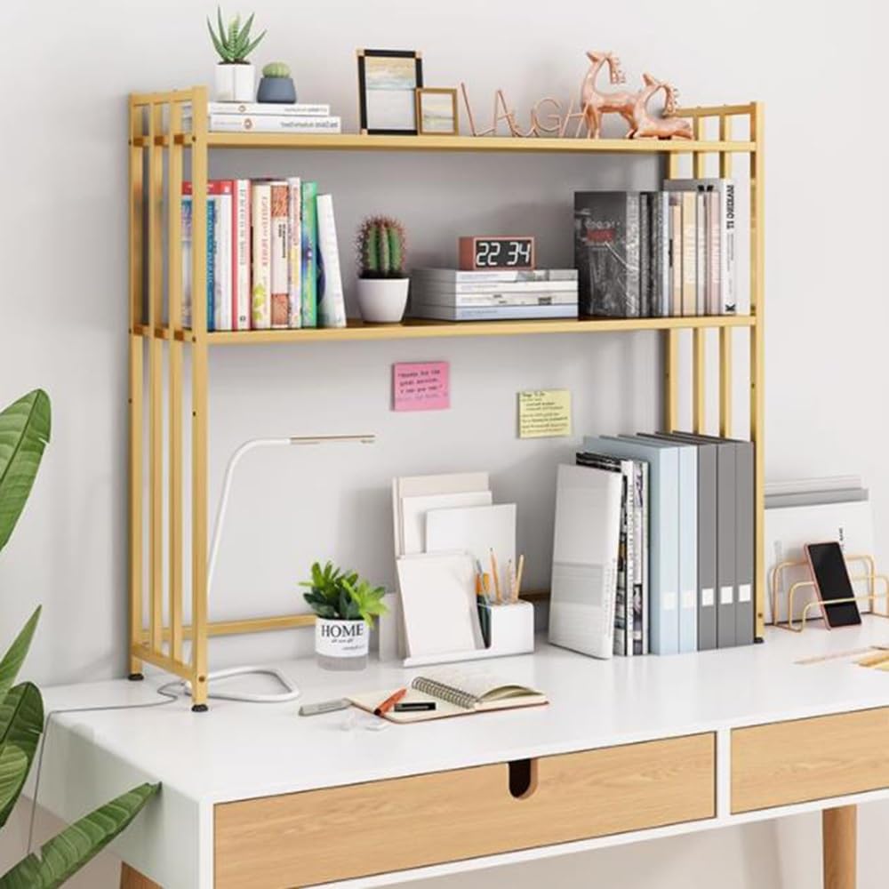 Złoty 2-poziomowy regulowany regał na książki na biurko, stylowy stojak do przechowywania na biurko do akademika i biblioteki, 36 x 26 x 90 cm, idealny do domowego biura i gabinetu