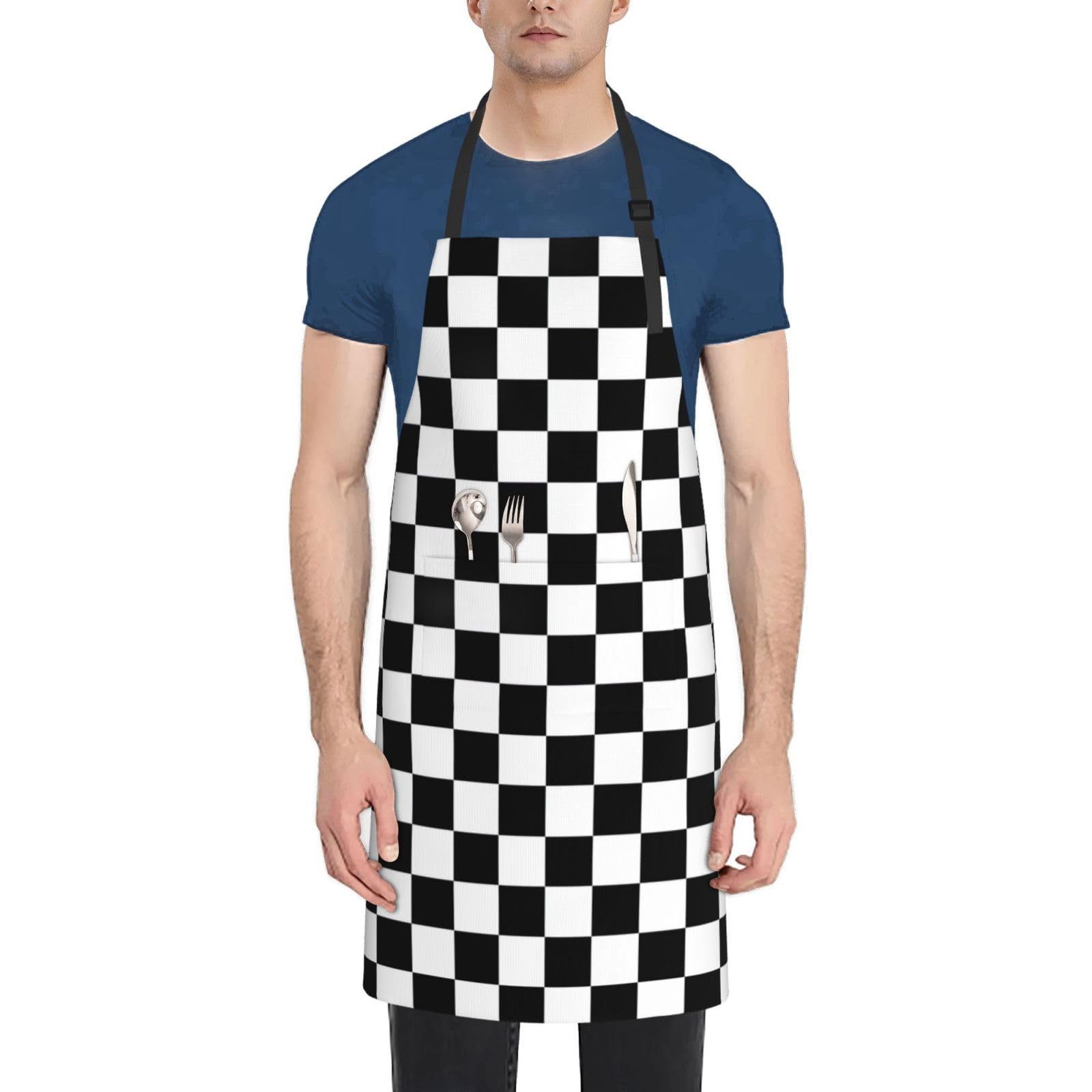 Breaux Unisex Black And White Checkered Print Apron, Aprons With Adjustable Neck Straps, Oxford Cloth Aprons For Cooking Baking, One Size, One Size