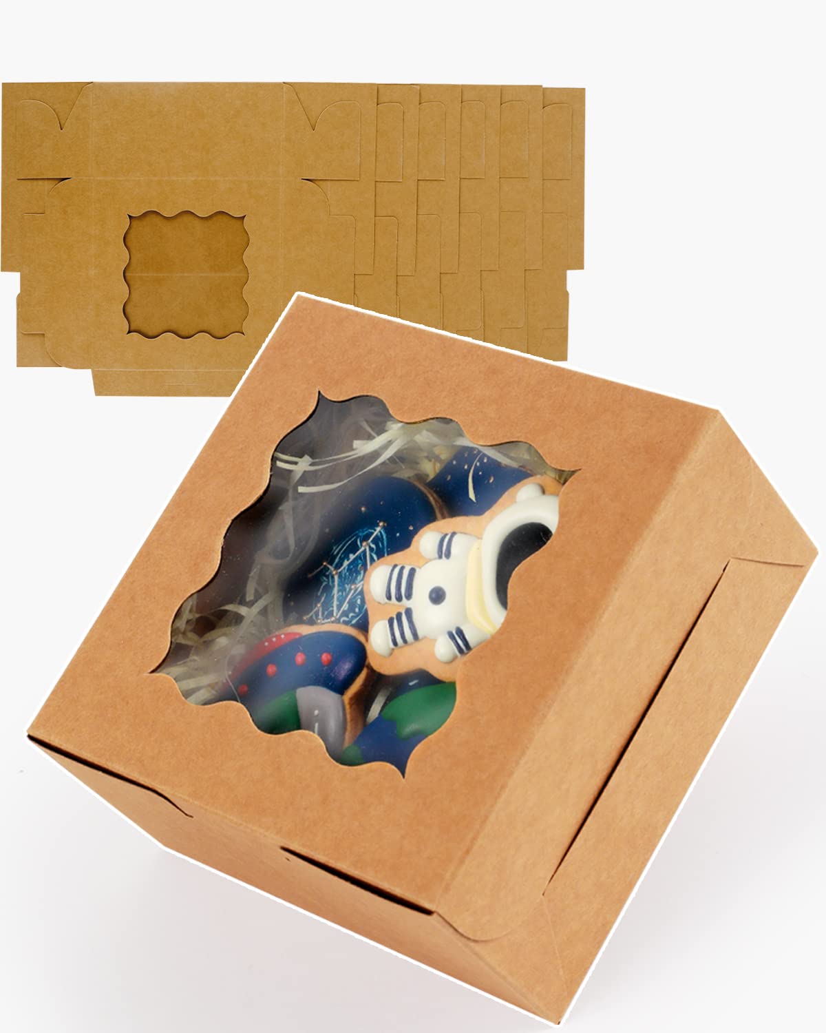 Cajas de galletas Kraft con ventana, 60 paquetes de 6 x 6 x 3 pulgadas, caja de panadería marrón cajas de papel kraft para galletas, pasteles, cupcakes, pasteles, donas qiqee