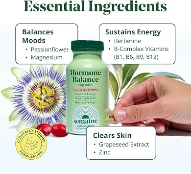 Semaine Hormone Balance Clearer Skin, Enhanced Moods, Deeper Sleep & Happier Hormones. Hormone-Free, Vegan Capsule, Multi-Symptom Support (60 ct)