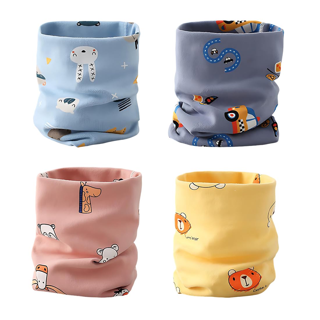 Bufandas Niña, 4 Pañuelos De Cuello De Algodón Con Diseños De Conejo Azul Claro, Coche Azul, Osito Amarillo Y Ciervo Rosa, Calentadores De Cuello Para Otoño E Invierno, Tamaño 0-12 Años, 4 Unid