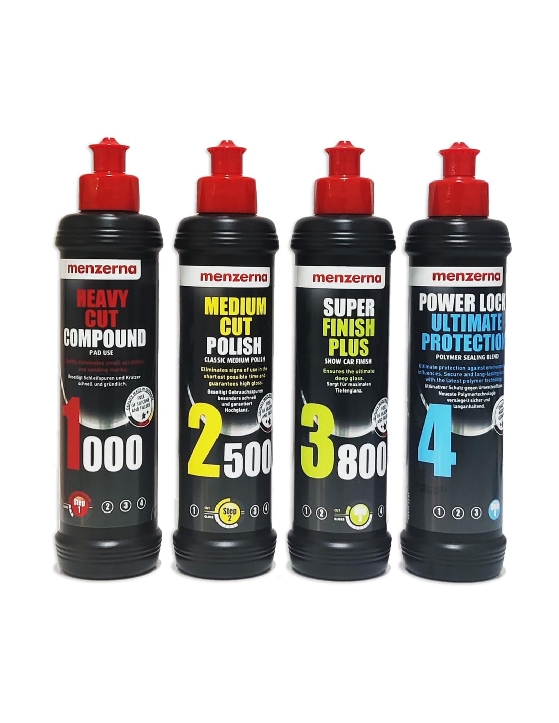 MENZERNA - KIT PULIDO MENZERNA 1000 CORTE, 2500 MEDIO, 3800 BRILLO, 4 POWER LOCK 250 ML