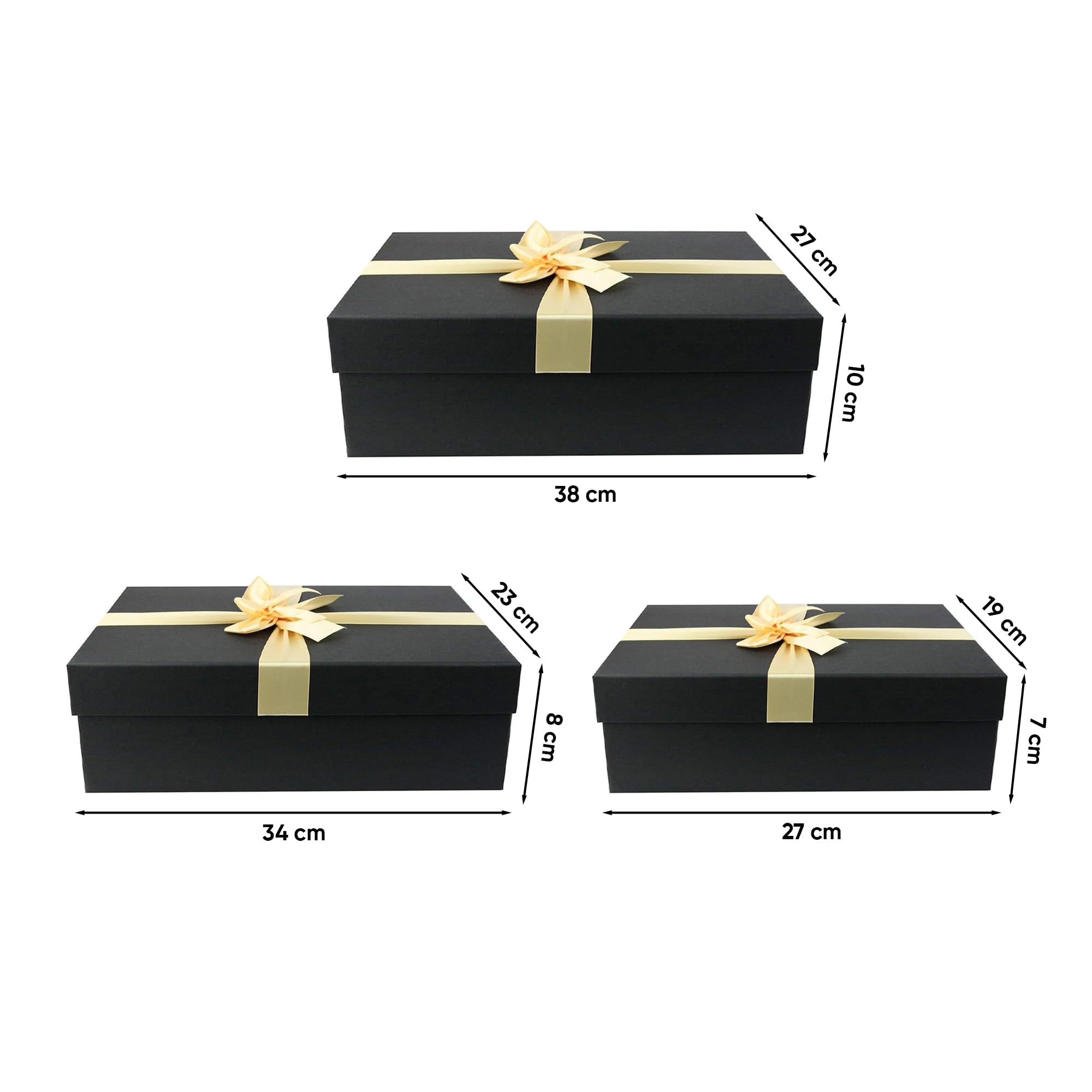 Emartbuy Set di 3 scatole regalo in carta nera e nera, misura grande, media, piccola | Scatola regalo rigida in cartone di lusso con nastro, confezione premium per cesti, compleanni, matrimoni, regali aziendali