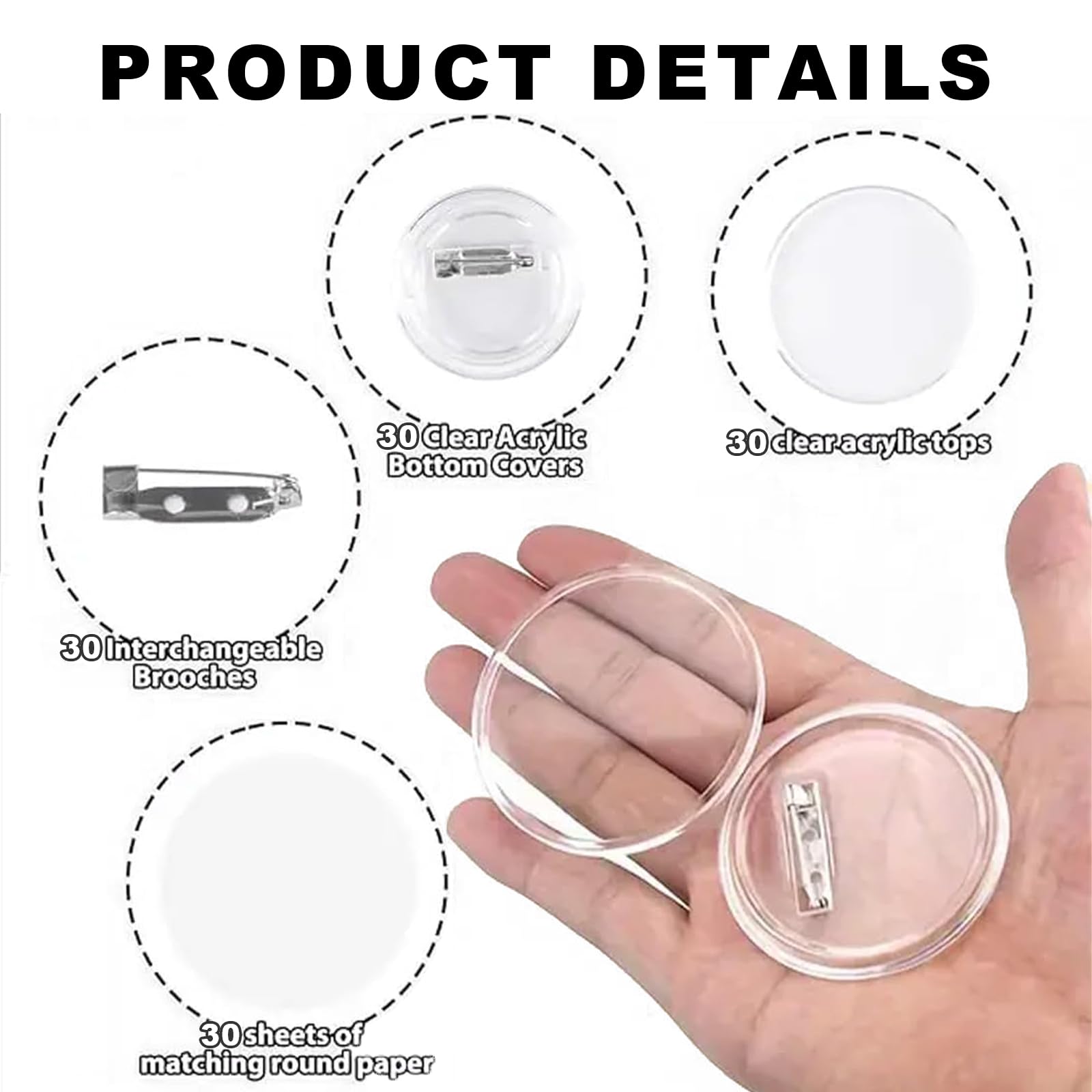 Kit De 30 Botones Transparentes DIY De 58 Mm - Sin Necesidad De Máquina, Incluye Imperdibles, Para Fotos Y Manualidades