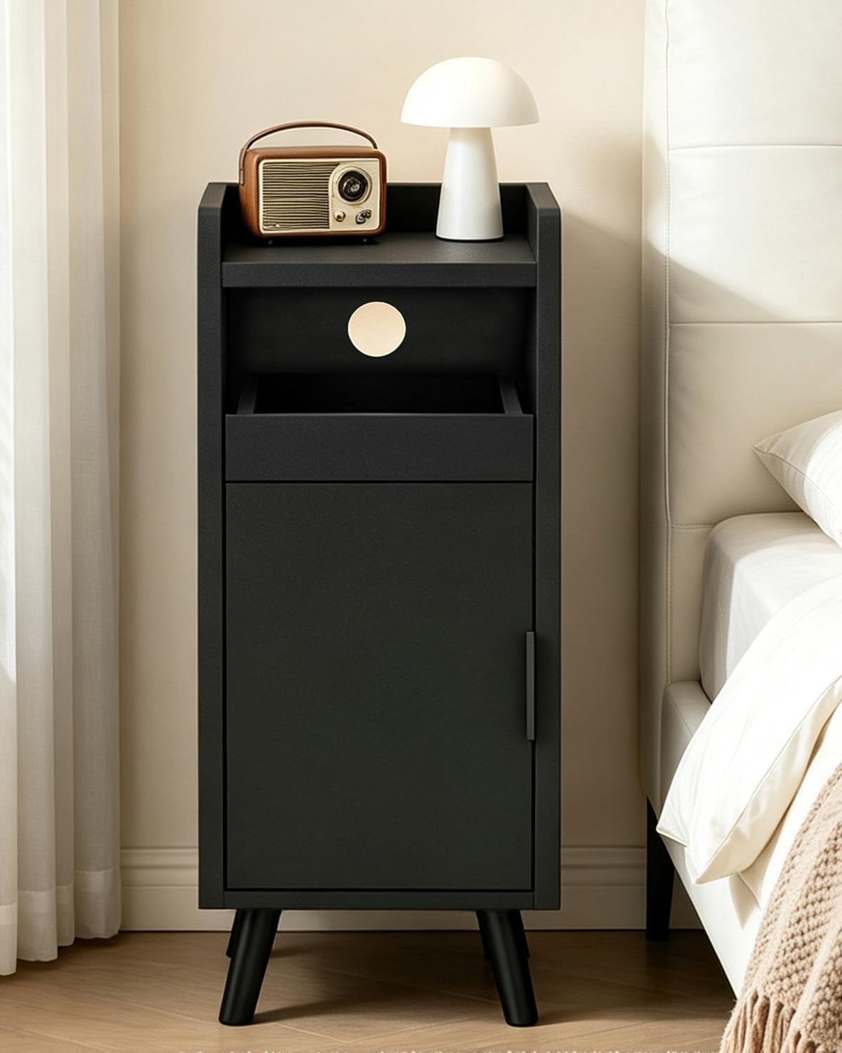 Askelierg Slim Bedside Table 25cm, Narrow Bedside Tables with Cable Management Hole, Small Bedside Cabinet Wooden with Drawers, Thin Nightstand for Bedroom, Living Room, 25x 30 x 61 cm (Black) — image 1