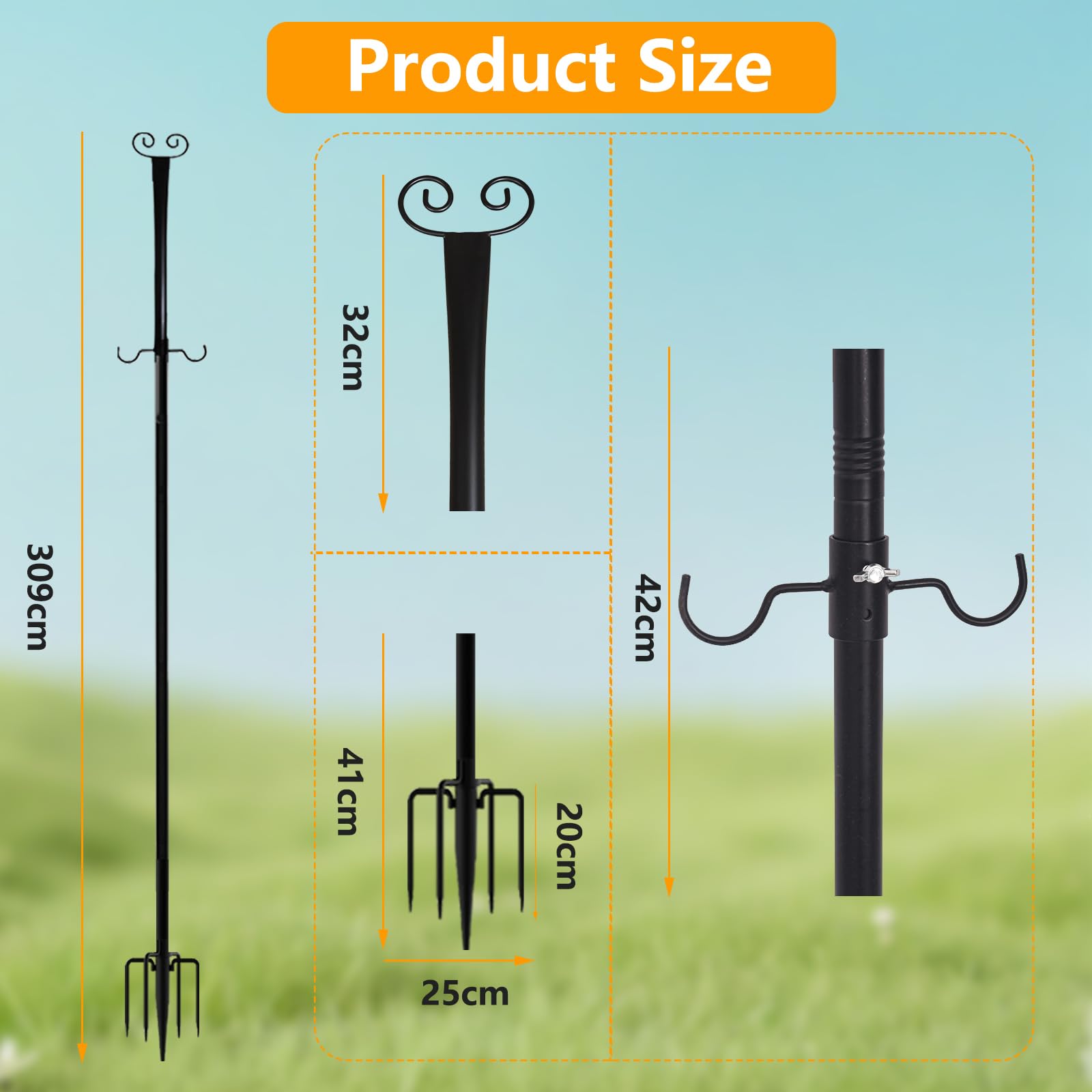 4 postes de luz festoon, postes de bandera de hierro resistente de 10 pies para jardín con tenedor y 2 ganchos, poste de altura ajustable para exteriores, jardín, patio, terraza, patio, patio
