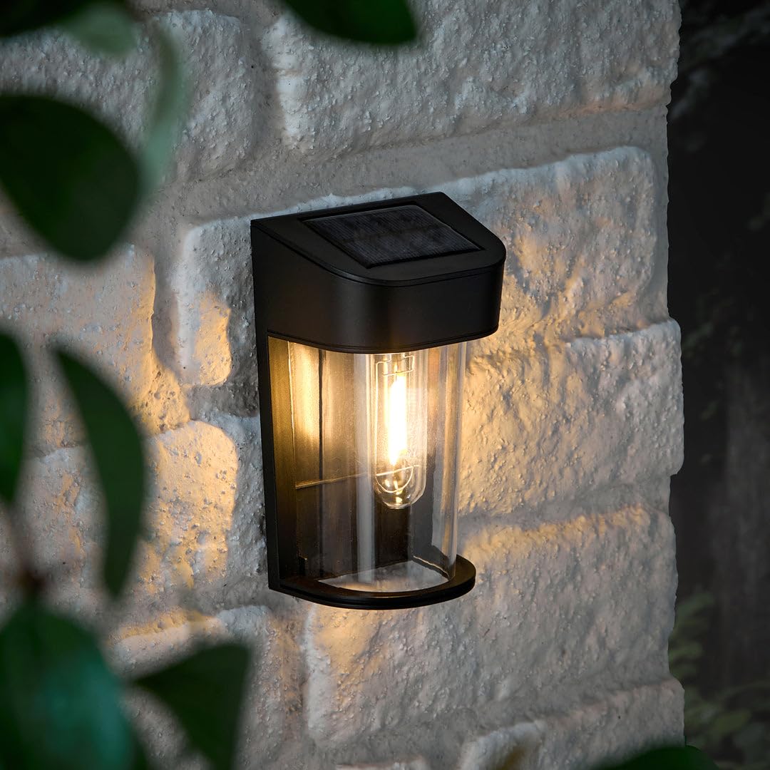 Lights4fun Black Audley Mini Solar Powered Wall Light With Warm White Led, Outdoor Garden Wall Light For Patios, Fences, Entrances & Exterior Lighting
