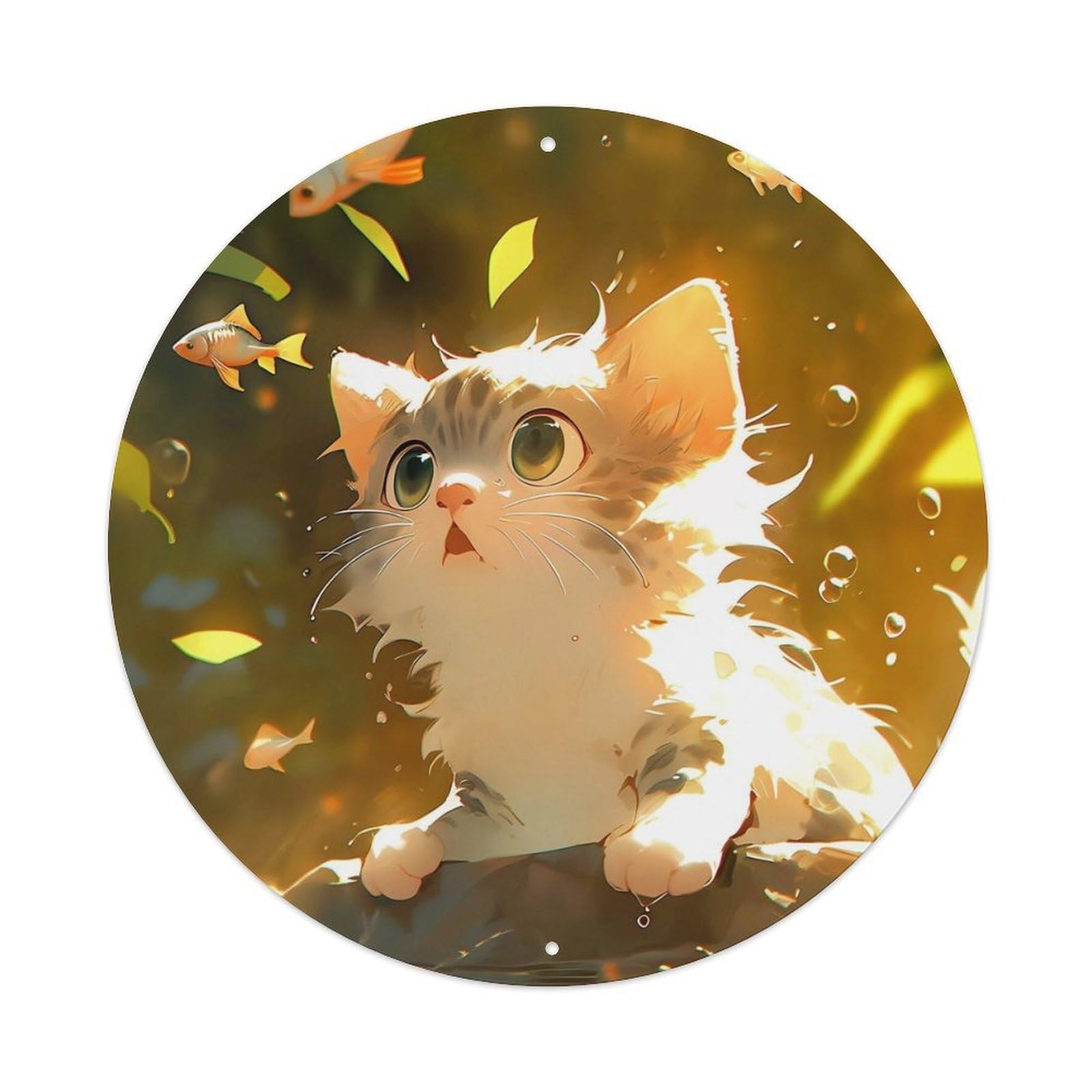 Animal Artwork The Kitten Looks at The Fish Metal Tin Sign