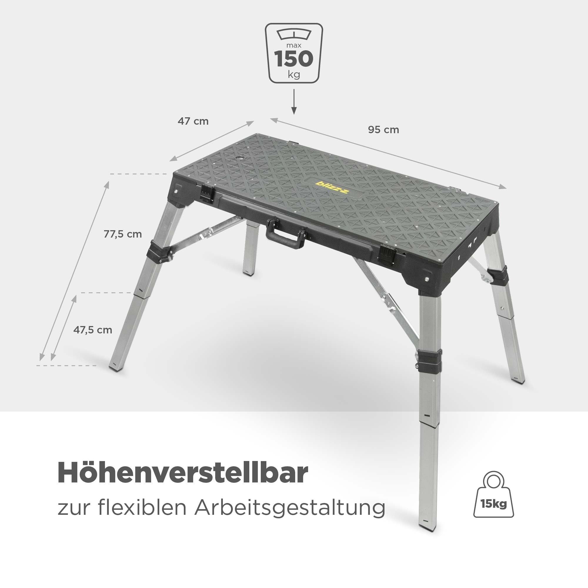 blizz-z 4-in-1 Multifunktions Arbeitstisch Maße 98 x 52 cm | verstellbar klappbar tragbar | universell als Werkbank, Transportroller & Werktisch einsetzbar | für komfortables rückenschonendes Arbeiten