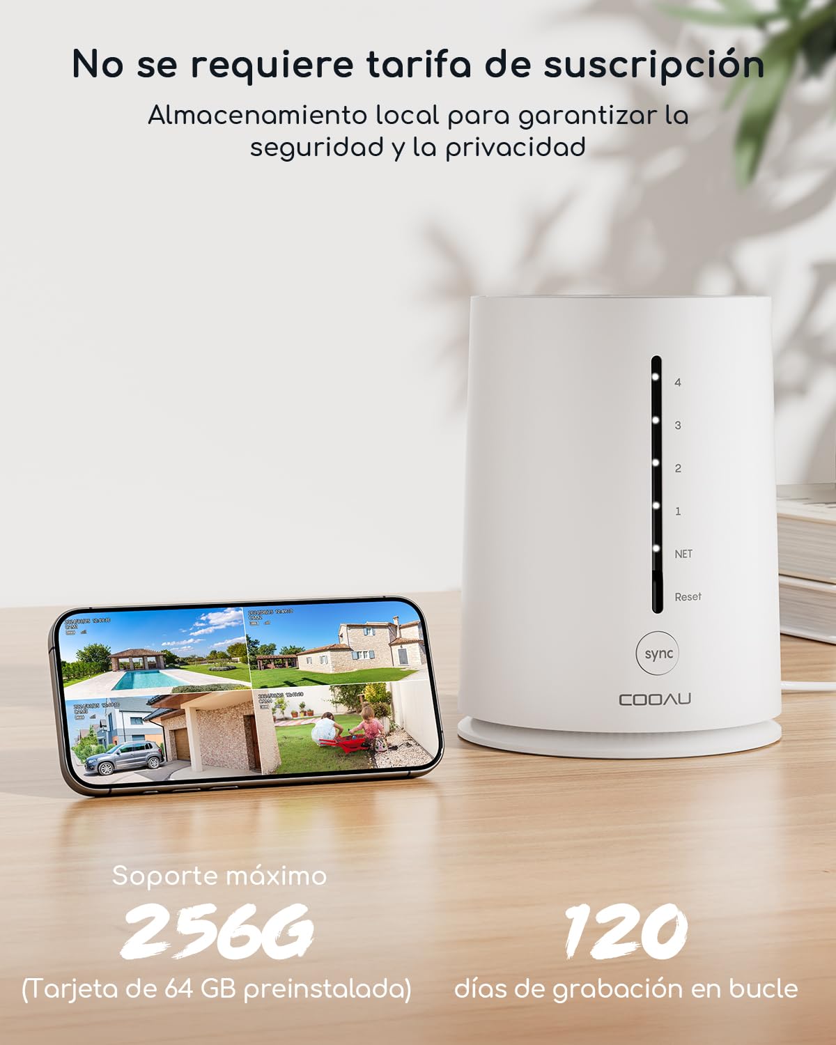 COOAU 4MP Kit de cámara vigilancia WiFi Exterior bateria con Panel Solar, 2.5K QHD, cámara de Seguridad inalámbrica 4+1 con Memoria Local de 64 GB, 360°, visión Nocturna, PIR detección, Alexa