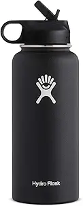 Hydro Flask Vacuum Insulated Stainless Steel Water Bottle Wide Mouth with Straw Lid (Black, 32-Ounce)