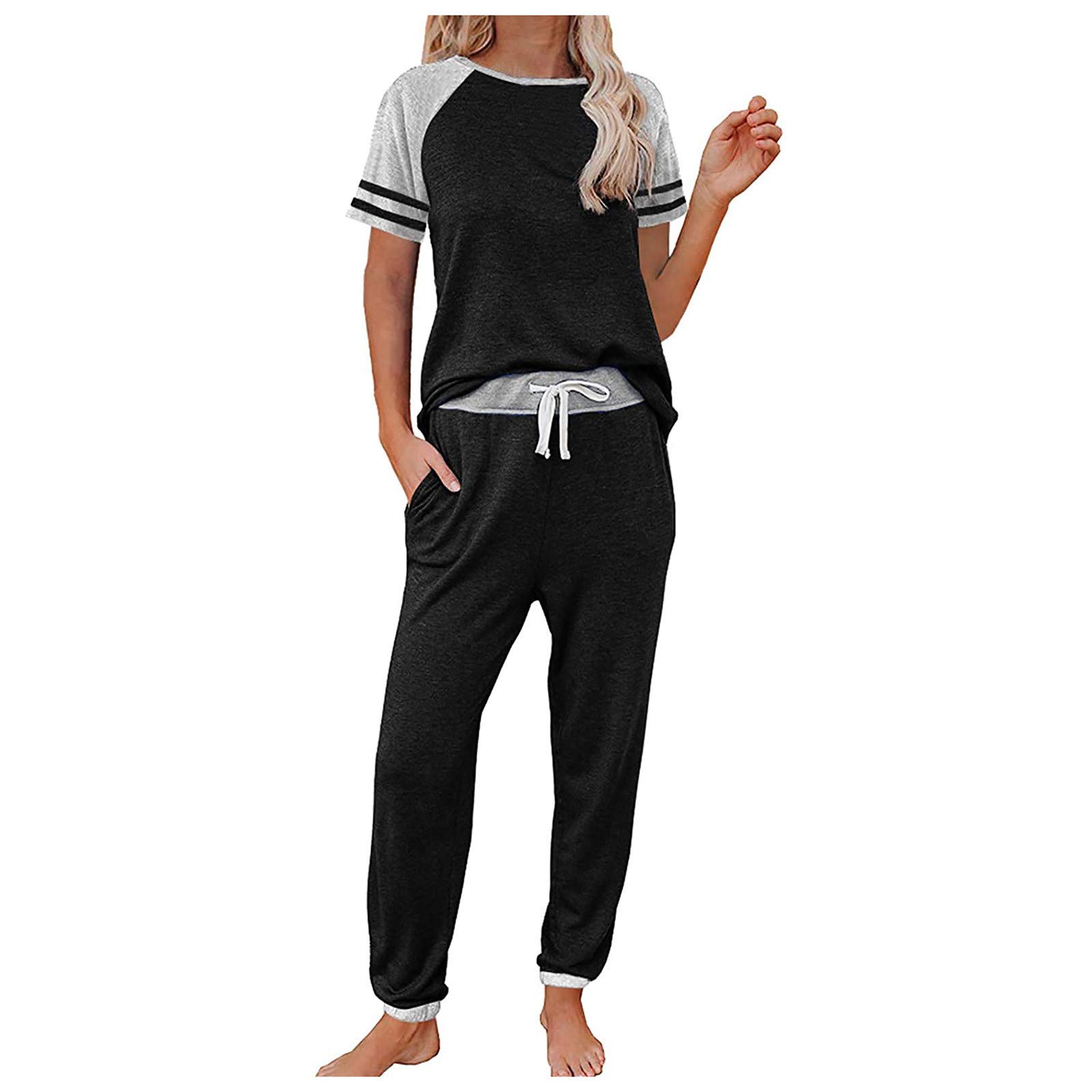 IQYU Conjunto de chándal para mujer, de algodón, para el tiempo libre, de verano, de manga corta, con cordón, traje deportivo largo, de 2 piezas, ropa deportiva, traje de yoga