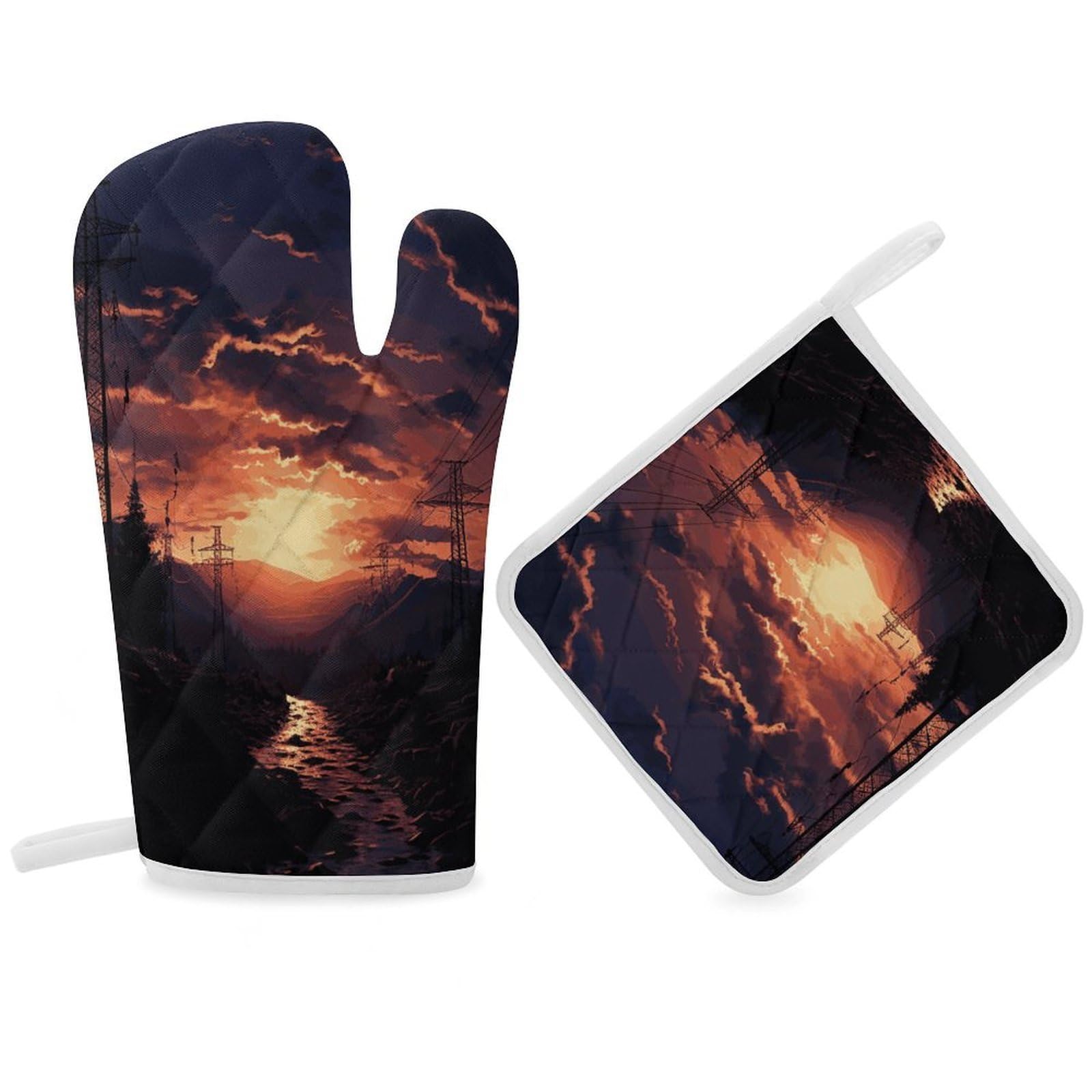Dusk Scenery Oven Mitt Thick Substantial Heat Insulation Gloves Soft Skin-Friendly Temperature Resistant Oven Mitts for Cooking Lover Cooks