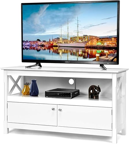 LUARANE Soporte de TV, mueble de TV moderno para TV de hasta 50 pulgadas, consola de TV con 2 puertas, estante de almacenamiento abierto, marco en