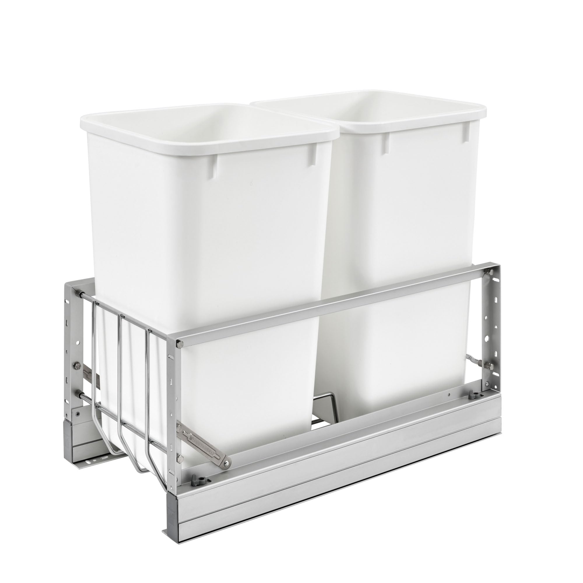 Rev-A-Shelf Double Pullout Waste Container Storage for Kitchen Base Cabinets, 27 Qt Trash Cans with Soft-Close Slides, Silver & White, 5349-1527DM-2