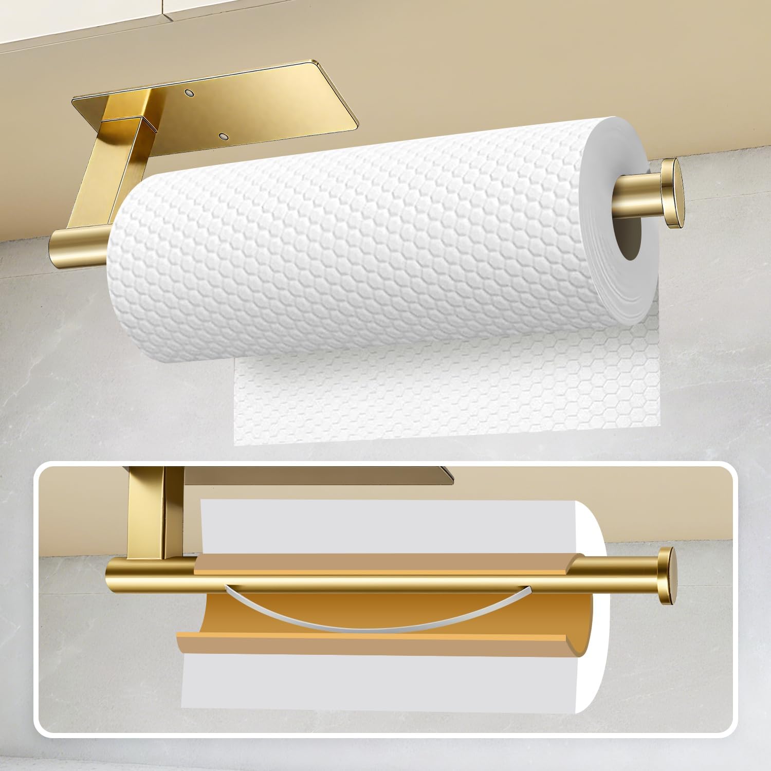 Paper Towel Holder Under Cabinet, Single Hand Operable Tearing Off Paper Towels with Damping Effect, Both Available in Adhesive and Screws, Stainless Steel (Gold) thumbnail