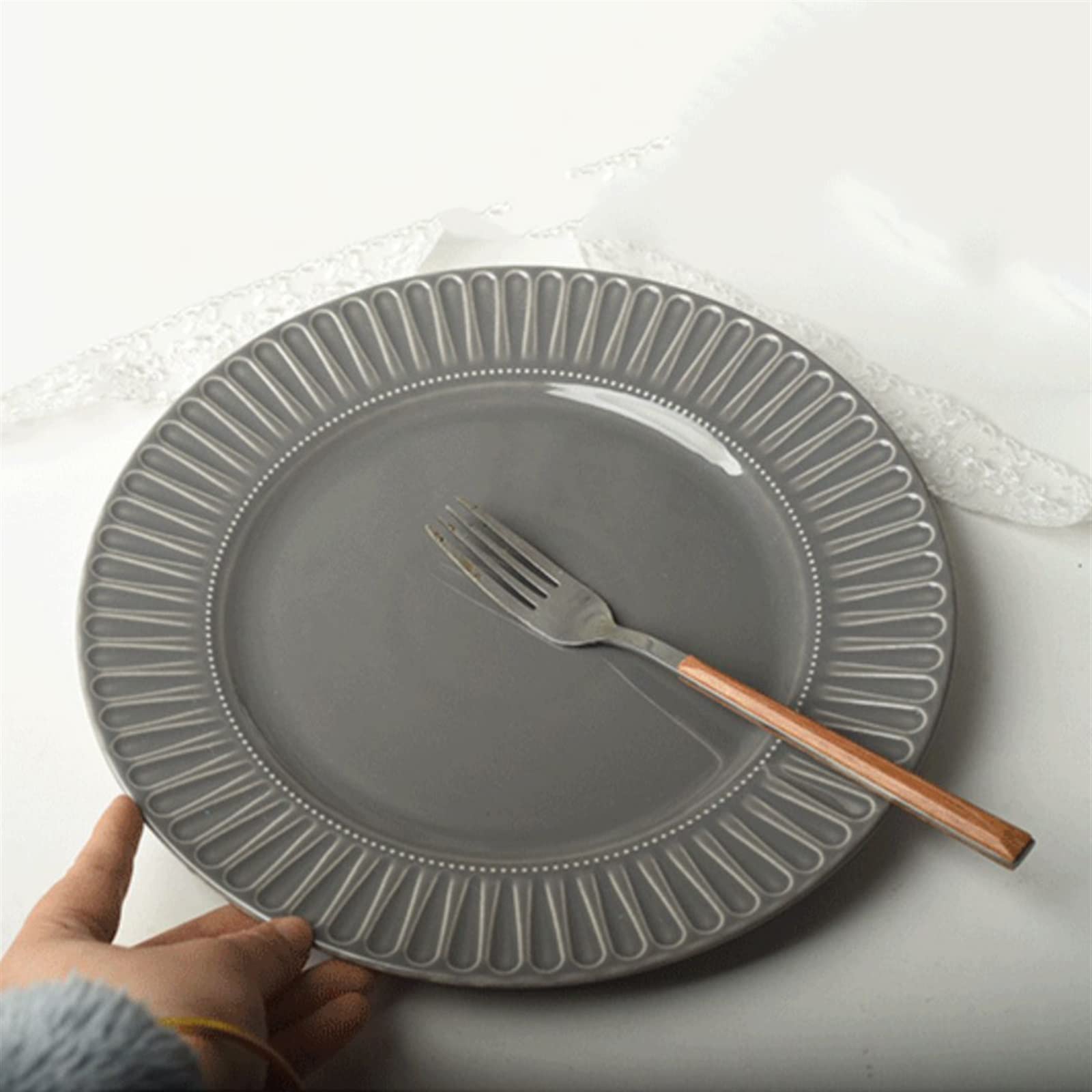 Platos Llanos Plato de Comedor con patrón en Relieve, Plato de Comedor de cerámica for el hogar, Restaurante, cafetería, Plato de Postre, Plato Plano Circular Platos Postre(A)
