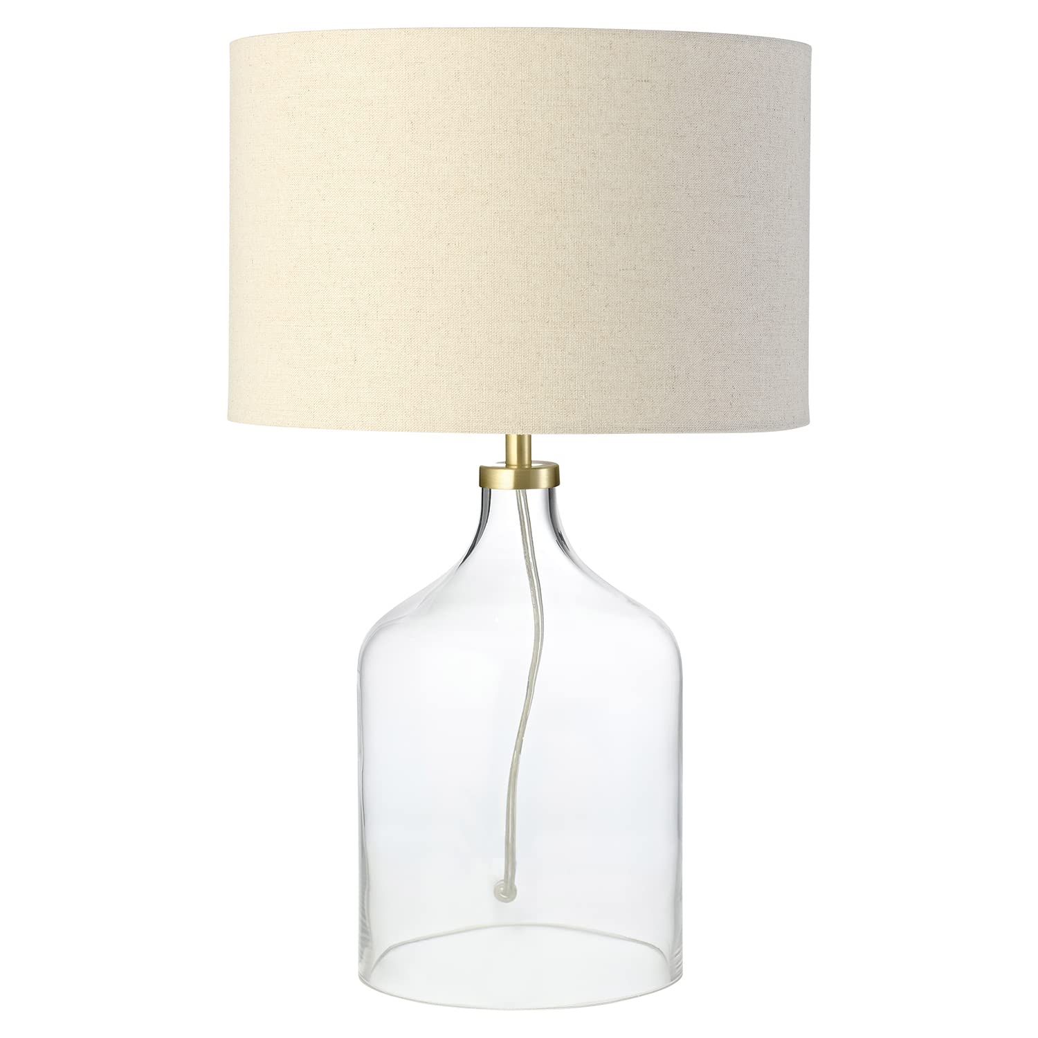 Happy Homewares Contemporary Elegant Table Lamp with Clear Glass Base and Oatmeal Linen Fabric Shade | 1 x E14 60w Maximum | 44cm Height | Brushed Brass Trim