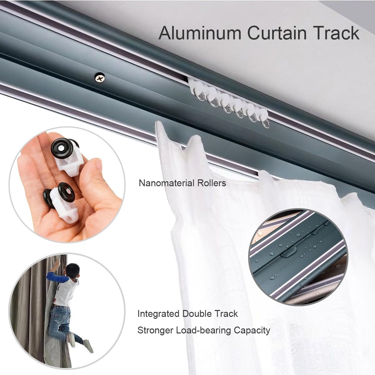Binario per Tende Doppia Fila, Binario Tenda Scorrevoli con Rulli Silenziosi Bastone per Tende In Alluminio da Soffitto Completo di tutti gli accessori per la casa in Ufficio divisore(Oro,250CM)