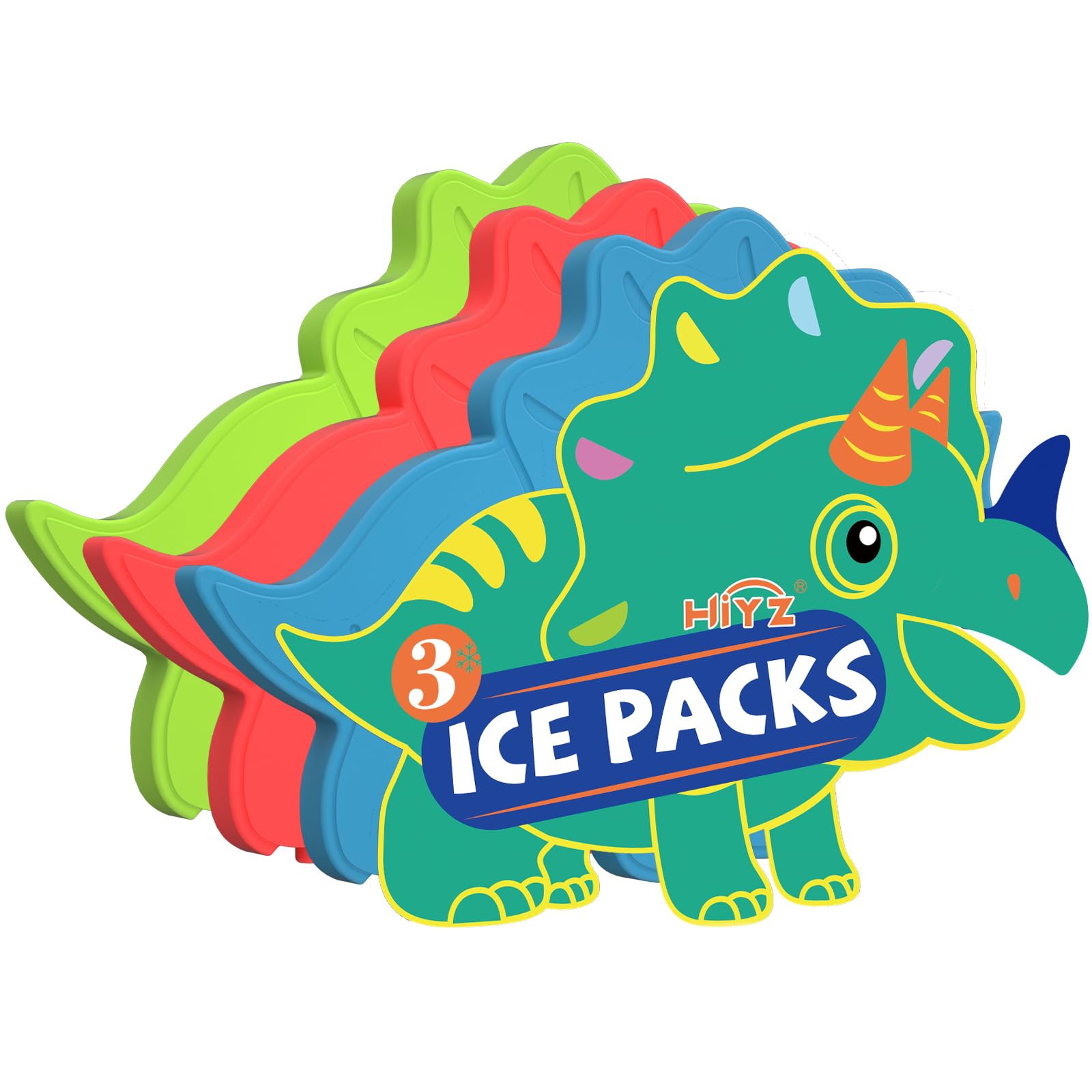 HiYZ Kids Ice Packs, Long-Lasting Ice Packs for Lunch Boxes, Slim & Reusable Icepacks Cooler Ideal for School, Parties, Travel, Multicolored (Dinosaur-3 Pack)