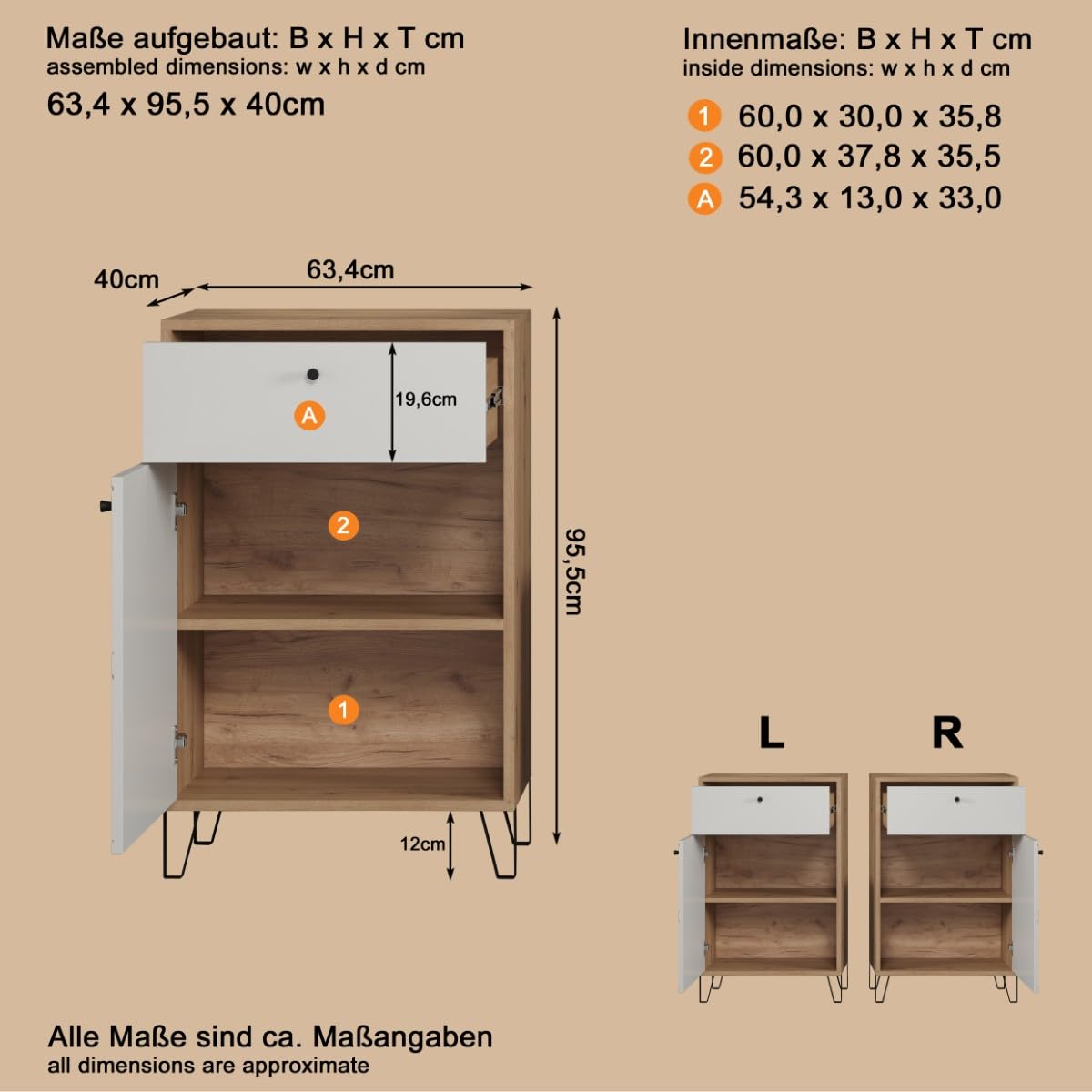 trendteam smart living - Touch - Kommode - Eiche/Weiß - Garderobenkommode mit moderner Rautenfräsung - Soft-Close - (BxHxT) 63 x 96 x 40 cm - Flurschrank mit Vollauszug-Schubladen