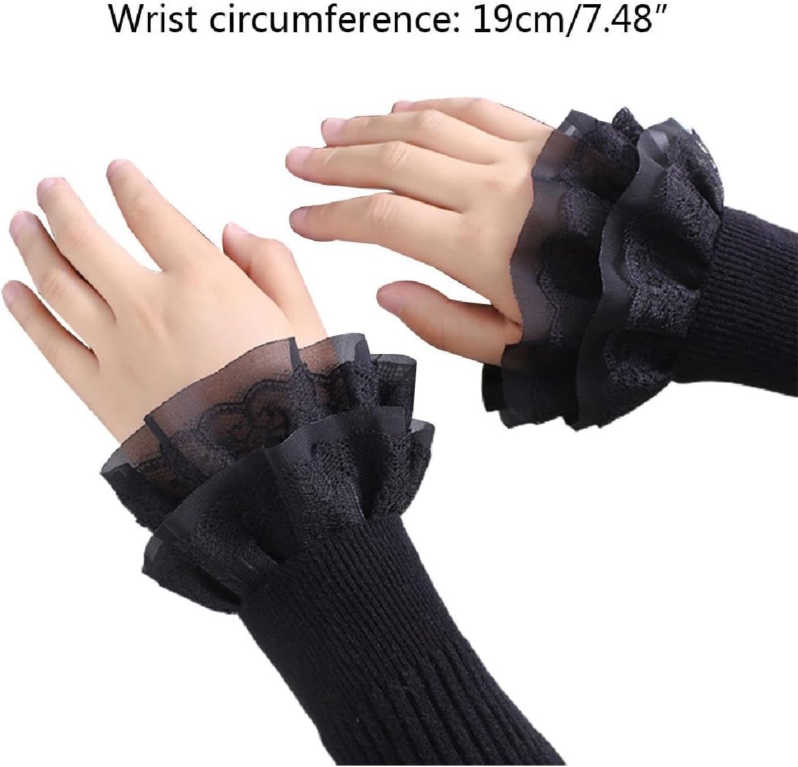 Womens Fake Sleeve Cuffs Double Layer Ruffle Lace Wrist Warmers Vintage Style Black White