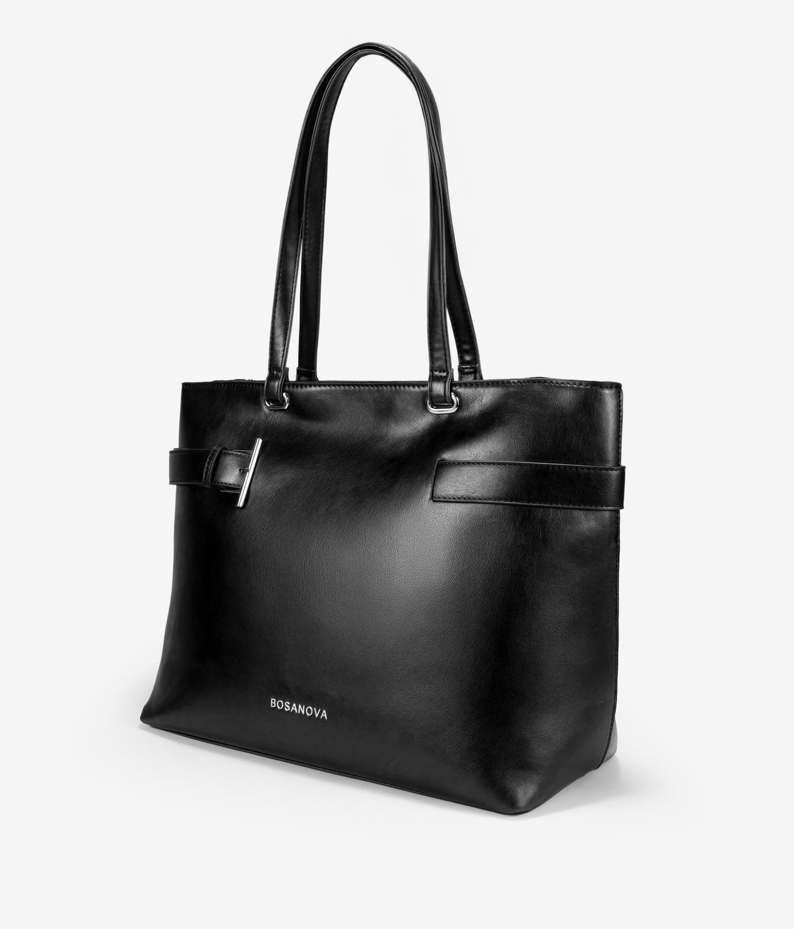 BOSANOVA Bolso de Hombro para Mujer con Hebilla Decorativa, Asas de Colgar y Compartimento Interior Acolchado para portátil. Cierre con Cremallera. Negro U