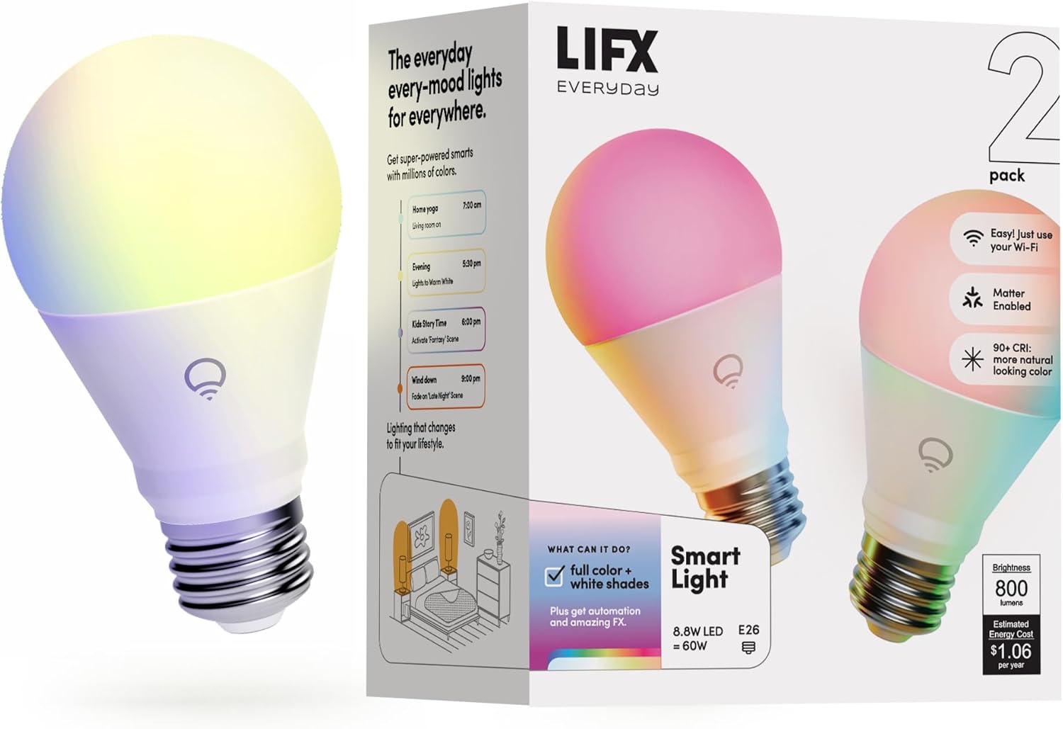 LIFX Everyday A19 Smart LED Light Bulb, 800 Lumens, 90+ CRI, Color Changing, Dimmable, Wi-Fi, Matter Compatible, Works with Alexa, Google, Apple Home & SmartThings, LFXEA19800RGBCW/2, 2-Pack
