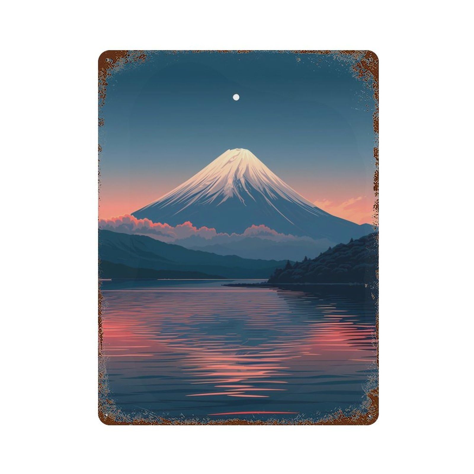 Garage Style Moon over Mount Fuji Vintage Metal Tin Sign 15.7"x11.8", Retro Wall Decor for Bar And Workshop