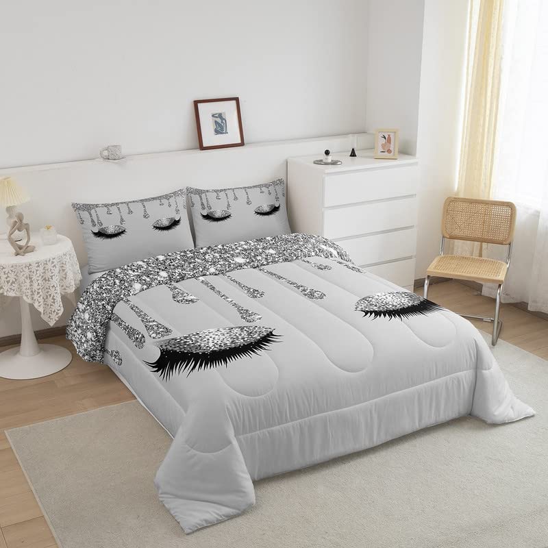 Glitter (No Glitter No Sequin) Eyelash Bedding Set Eyes Design Comforter Modern Simple Lovely Comforter Set for Kids Adults Grey Duvet Set Soft Room Decor 3Pcs King Size Boys